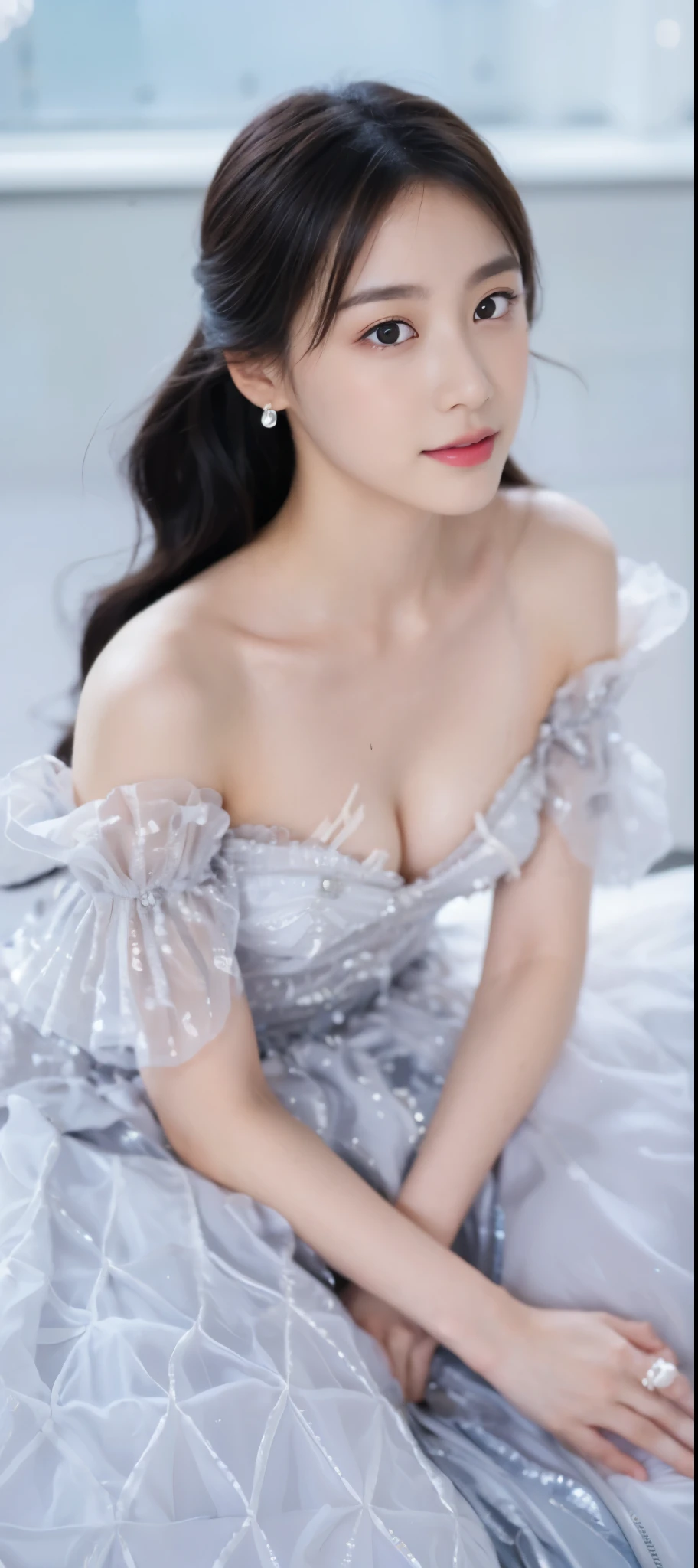((Masterpiece, Top image quality, high resolution、alone、skin shiny))(on the table, best quality, actual, super detailed, meticulous, high resolution, 8k wallpaper),huge breasts, Close-up portrait of a beautiful woman, like, smiling, light brown messy hair, Perfect dynamic composition, 美丽meticulous的眼睛, Just like the cover of a fashion magazine, on campus,Gorgeous costumes,hot stamping clothing,One of them is wearing a pink tulle dress,long black hair、 wearing pink bow hairpin sitting on the ground holding balloons,The white buds do not exceed the knees,girl'bedroom,pink girl'Room decoration。