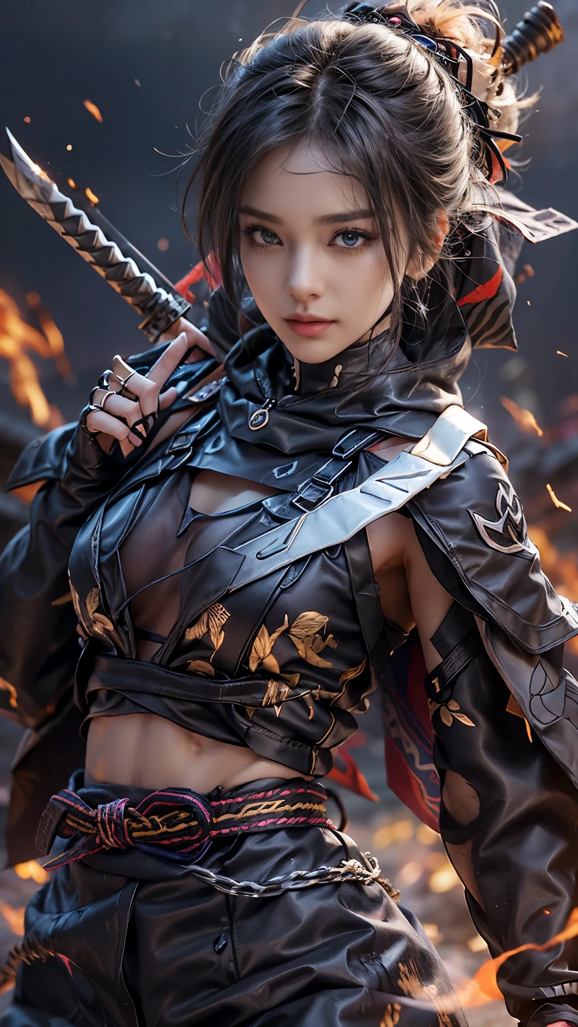 (RAW shooting, Photoreal:1.5, 8k, highest quality, masterpiece, ultra high resolution), Sengoku, fire事, いたるところで燃え上がる戦fire:1.3, perfect dynamic composition:1.2, Highly detailed skin and facial textures:1.2, Slim female ninja with a sharp dagger:1.3, Fight:1.2, beautiful and aesthetic, cute and sexy beauty, perfect style:1.2, wear elaborate rings, fire, water, Wind, thunder, ice, Fair skin, Extremely beautiful face, (Medium chest, Chest gap), (embarrassing smile, The expression on your face when you feel intense caress, Facial expression when feeling pleasure), (wearing a sexy ninja costume:1.1, off shoulder), (beautiful blue eyes, Eyes that feel beautiful eros:0.8), (Too erotic:0.9, Bewitching:0.9), full body shot