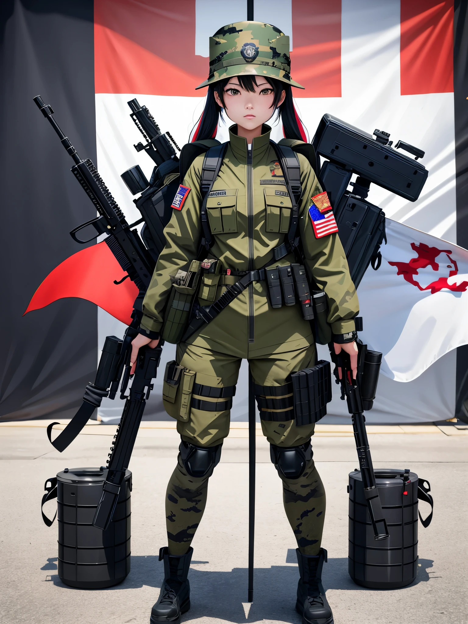 Exploded view of the Marine Corps of the Republic of China,Japanese illustration style,A beautiful girl from the Marine Corps, fully equipped with weapons and accessories,The exploded view lists camouflage clothing, helmets, guns, bulletproof vests, magazines, backpacks, equipment, anti-enemy masks, accessories, flag armbands ,List them one by one in detail,Overall very rich and detailed,Tiny details perfectly presented,ultra high definition,Digital art,Japanese CG animation style,Overall description fully presented,Vivid colors、Colorful,Full body in camera,long shot,banner full view