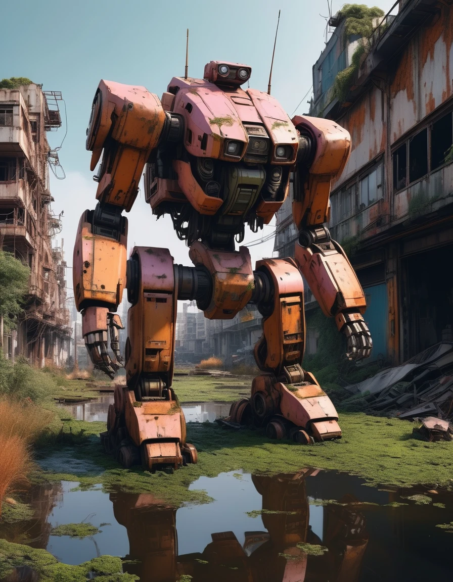 (full-body shot) , In a ruined city covered with vegetation,((1 Abandoned mechas, killer robots in the post-apocalyptic wasteland,Covered in rust and covered with moss, it stands alone in the middle of a pond filled with oil.:1.8))。Ruined city restored after nuclear blast,The outlines of the oppressive buildings in the background are clearly visible。((The mecha was severely damaged, with oil stains and scratches covering its surface.Its metal casing is rusty and its wires are exposed)),Reminiscent of its glorious past。However,Now it's just an abandoned shell,Abandoned in this post-apocalyptic landscape。Photos in a super minimalist style,the abandoned city is rendered in soft orange-pink tones,Creates a super warm atmosphere。Film grain and root effects add a sense of texture and nostalgia to the image。The lens is dimmed,Pastel colors and crazy details create a hyper-detailed post-apocalyptic atmosphere。This feeling is further enhanced by the oppressive buildings in the background and the distant twilight scene。This ultra-professional landscape photo is a stunning portrayal of an abandoned city and derelict mechas,it tells a story about war、A story of destruction and the passage of time,(global illumination, Ray tracing, high dynamic range, Unreal rendering, Reasonable design, high detail, masterpiece, best quality, ultra high definition, light),3d style