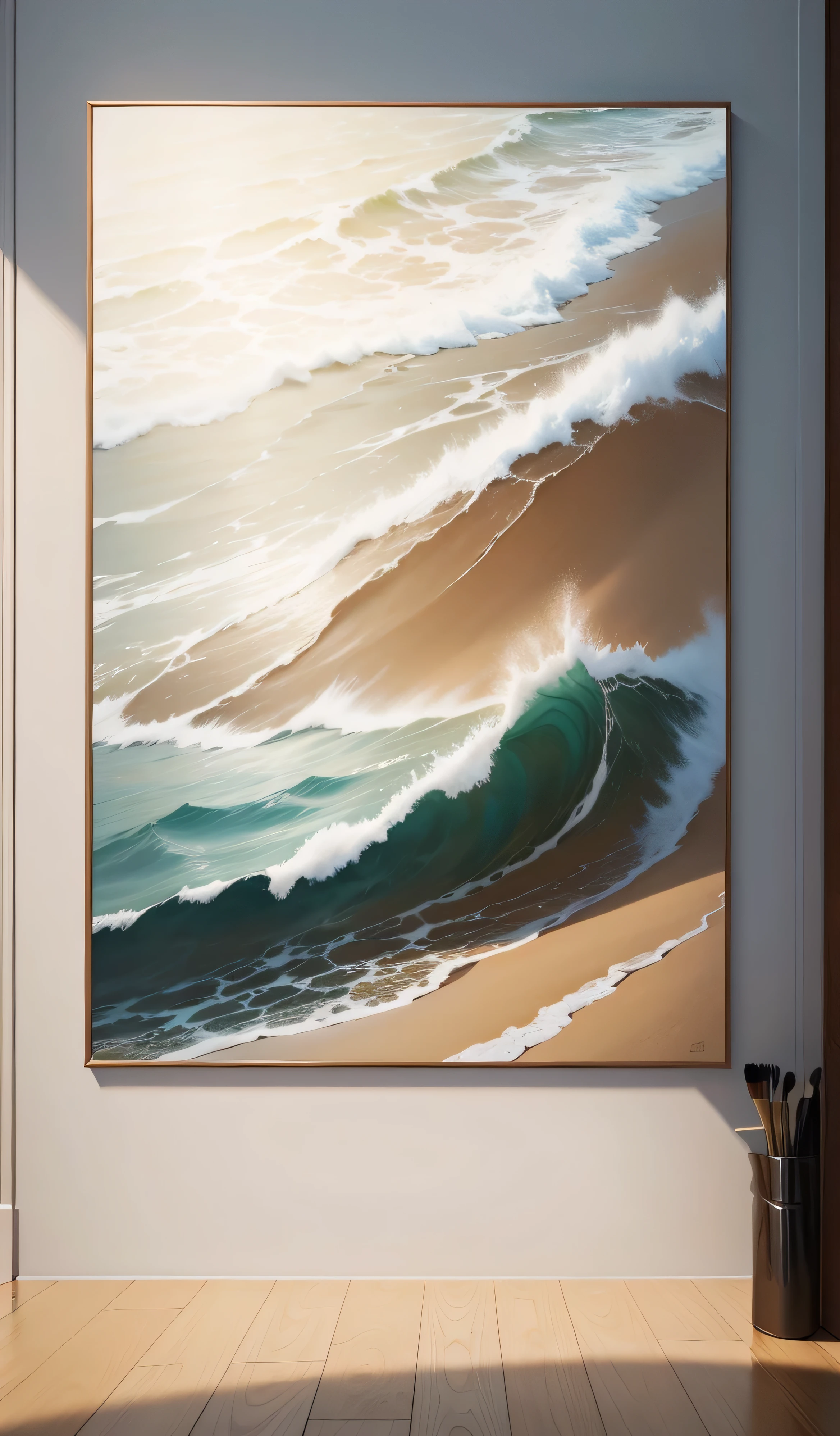 painting of a painting of a beach scene with waves and sand, in stunning digital paint, ai assisted digital painting, painted digital art, high quality 16k digital art, abstract painting. 8k, [ 4 k digital art, abstract minimalist painting, lacquer on canvas, painted in high resolution, 4k art, glossy painting, digital 4k painting