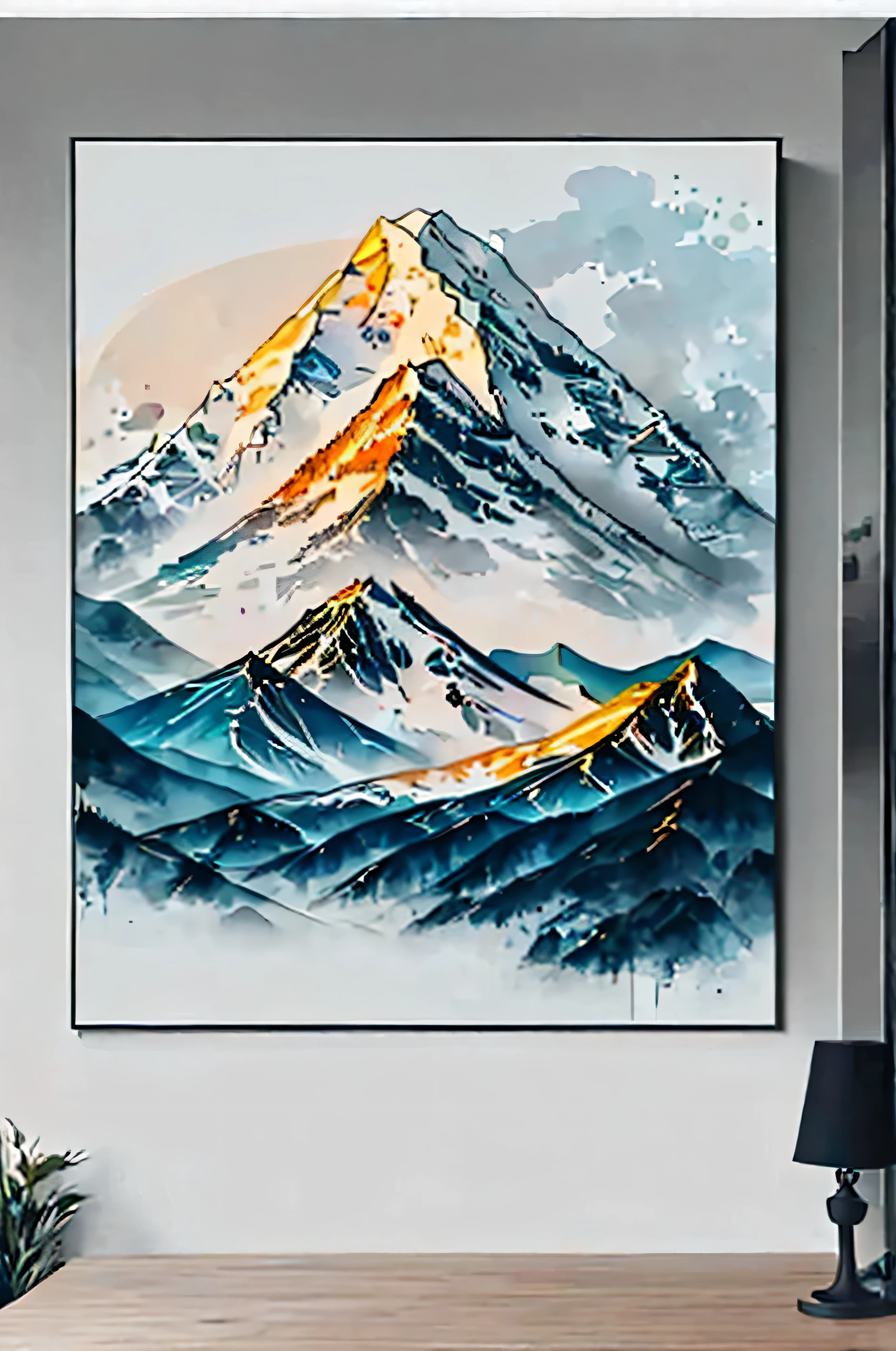 a picture of a painting of a mountain with a golden peak, artistic 4 k, majestic painting, glossy painting, 8k high quality detailed art, extremely high quality artwork, 8 k highly detailed art, 4k art, fine art print, canvas art, 2023 4k, icy mountains, 4 k / 8 k, 4k/8k