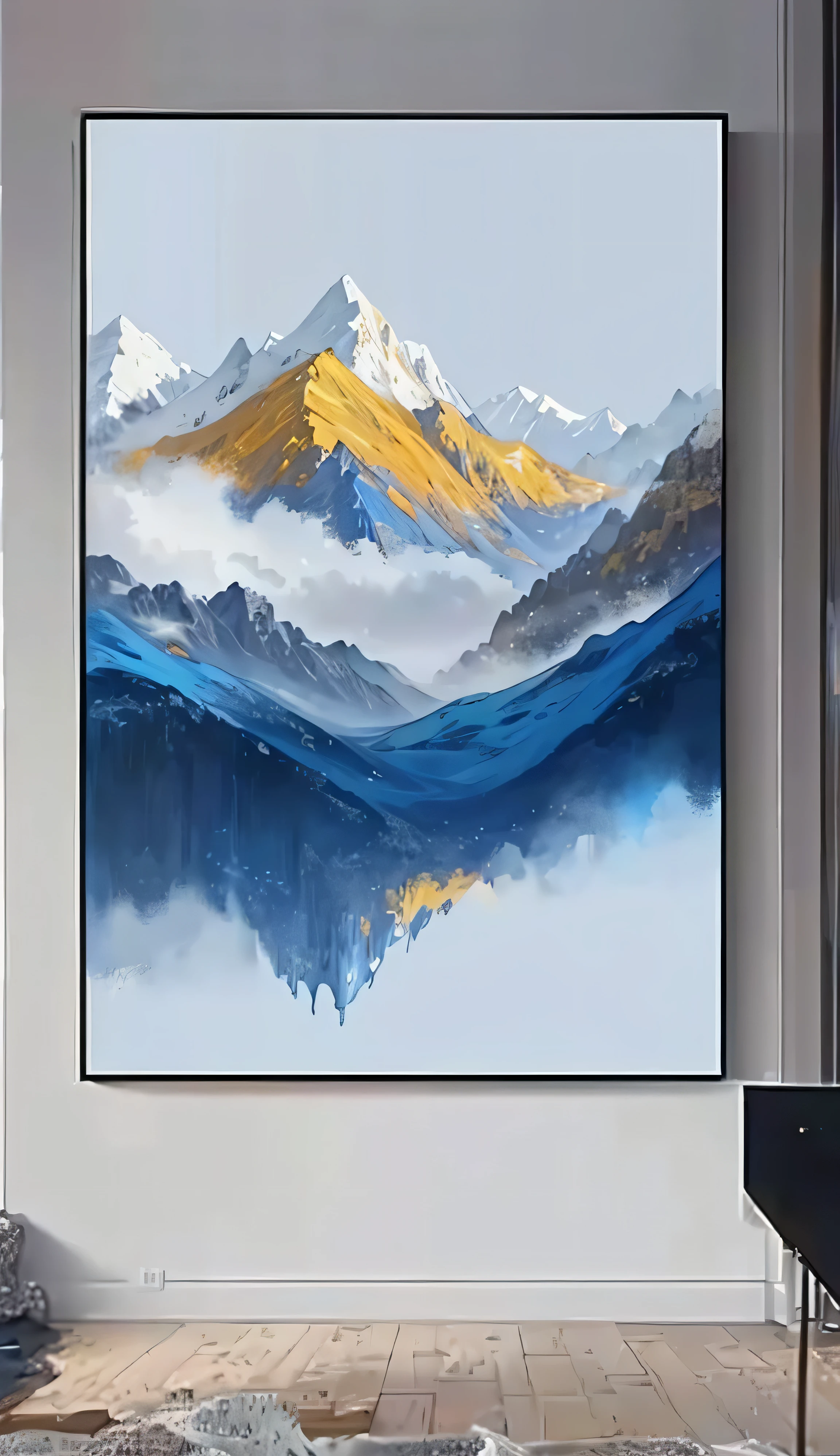 a large painting of mountains in blue and gold on a wall, artistic 4 k, fine art print, canvas art, 4k art, glossy painting, majestic painting, 4k/8k, 4 k / 8 k, extremely high quality artwork, 8k high quality detailed art, 8 k highly detailed art, high-quality art, canvas art print