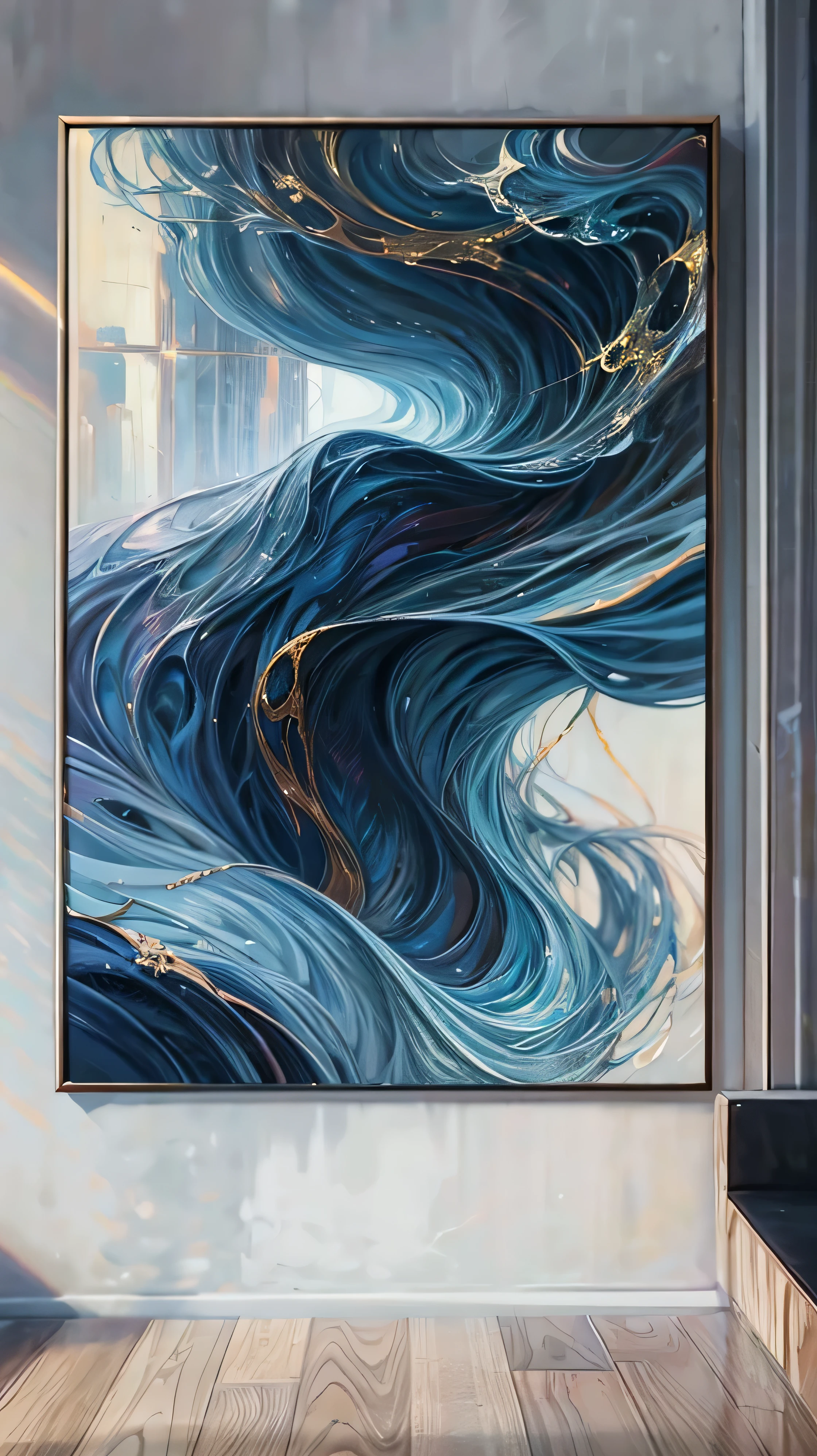 a close up of a painting on a wall in a room, high quality 16k digital art, glossy painting, flowing lines, 4k art, high quality gloss art, [ 4 k digital art, intricate flowing paint, abstract liquid acrylic art, organic acrylic flow art, abstract painting. 8k, canvas art print, modern art style