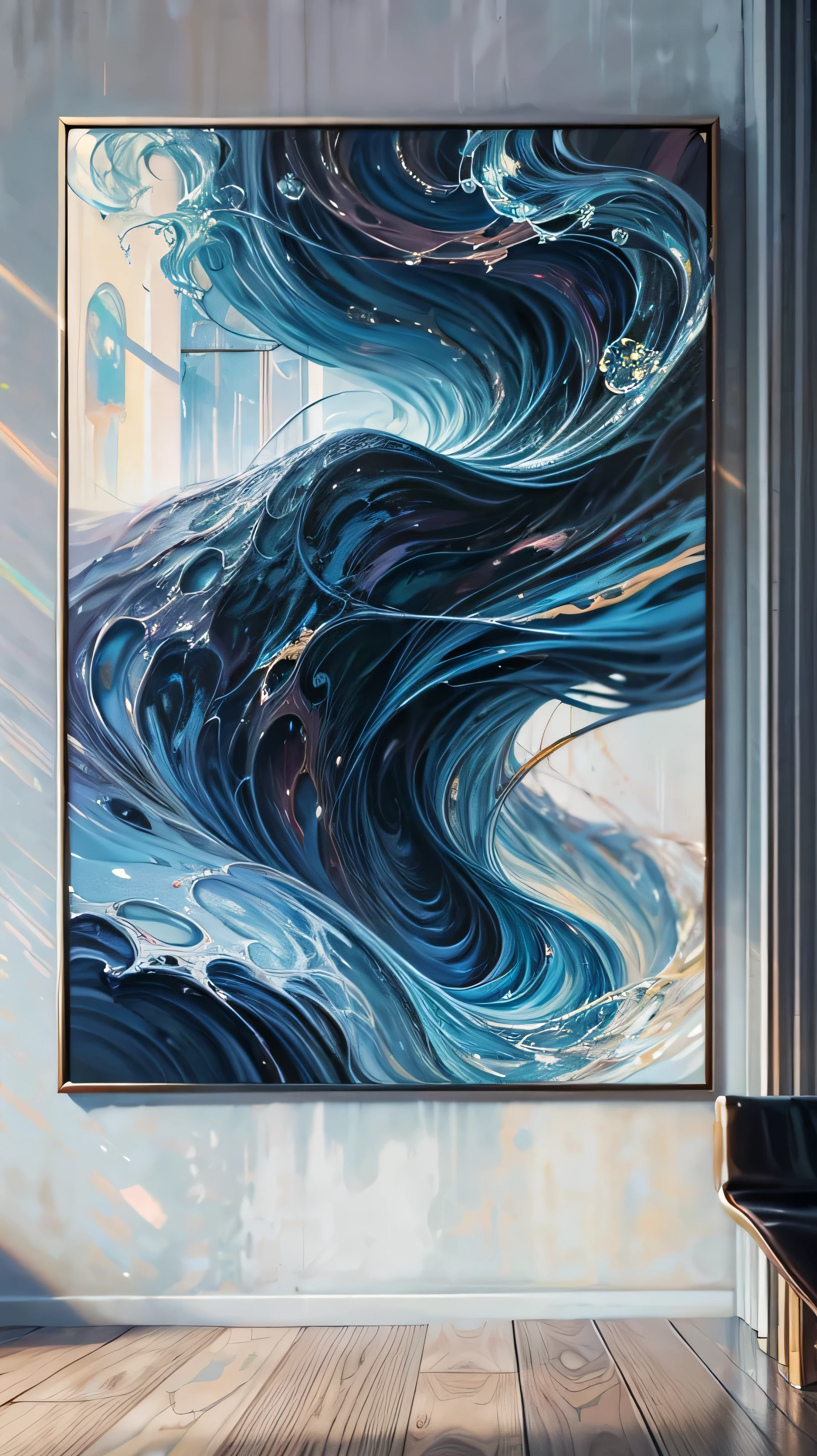 a close up of a painting on a wall in a room, high quality 16k digital art, glossy painting, flowing lines, 4k art, high quality gloss art, [ 4 k digital art, intricate flowing paint, abstract liquid acrylic art, organic acrylic flow art, abstract painting. 8k, canvas art print, modern art style