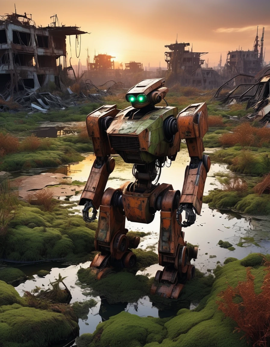 on the desolate wasteland,The afterglow of the setting sun dyes the fragmented skyline red。The once glorious city is now reduced to dust,Only ruins and overgrown wasteland remain。in this desolate landscape,((1 Abandoned mechas, killer robots in the post-apocalyptic wasteland,Covered in rust and covered with moss, it stands alone in the middle of a pond filled with oil:1.8))。Its metal casing is badly damaged,wires exposed,As if going through a fierce battle。Broken gears scattered around、Twisted metal and broken glass。These bear witness to its past,An era of advanced technology and prosperity。However,Now all this has become,Only this broken body is left。With the breeze blowing,Weeds swaying around,As if mourning its fall。The afterglow of the setting sun shines on it,Giving its damaged shell a layer of tragic light。in this desolate scene,The wasteland world has become a symbol of an era,A once glorious civilization no longer exists。it lies there alone,let time pass,Become an unforgettable picture of a ruined world。