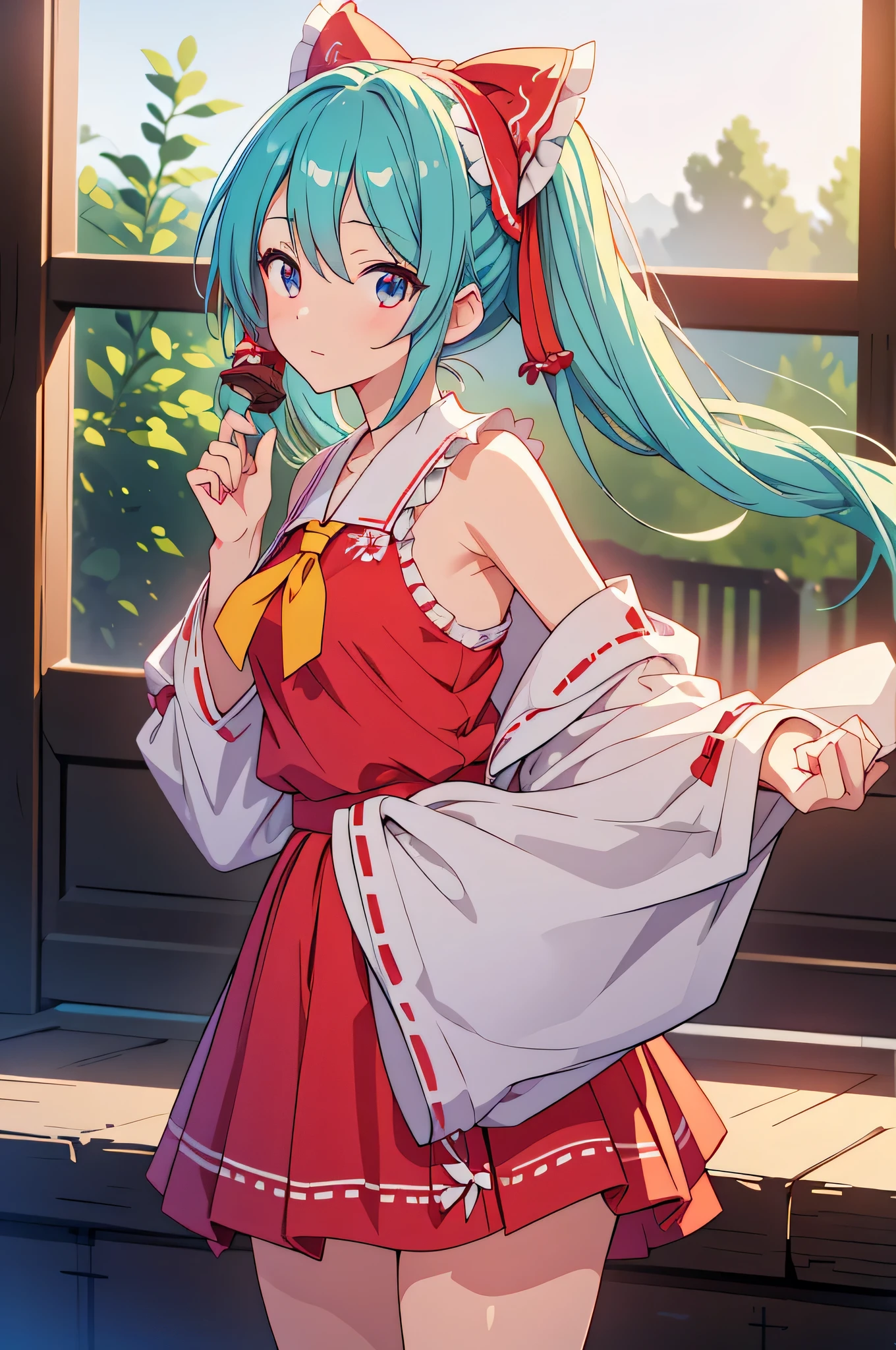 masterpiece, highest quality, High resolution, 1 girl,Hatsune Miku wearing Reimu Hakurei costume、Shyness