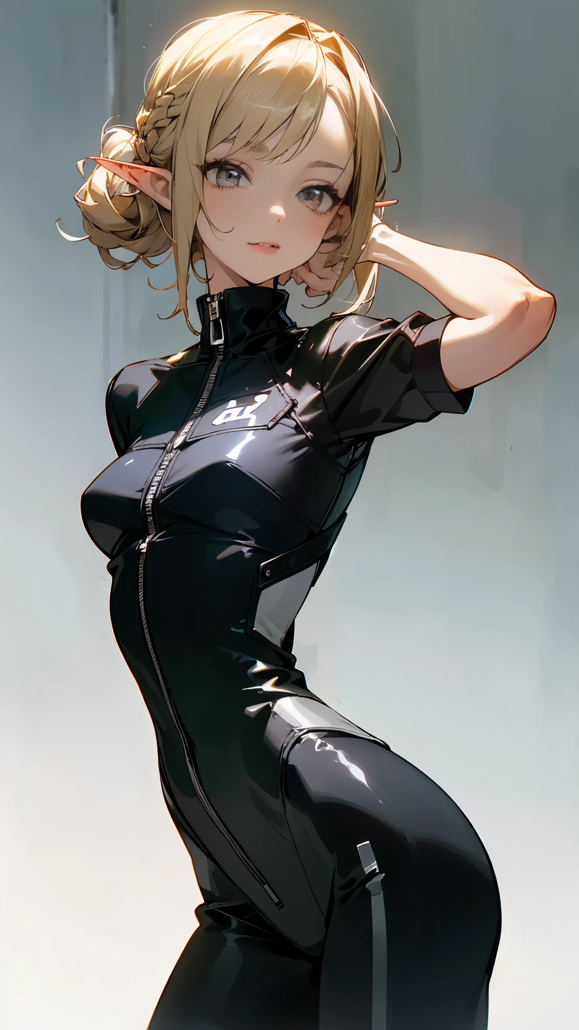 (masterpiece, best quality:1.3),beautiful detailed glow,best illuminate,(((best quality,textile shading,ultra detailed))),extremely detailed CG unity 8k wallpaper,Highly Detailed beautiful and aesthetic,best light,high resolution,detailed,dynamic lighting , 1Character , pastel washed out colors , cell shade , soft, muted shades ,gentle colors ,sword art online art style
She wears a fitted, one-piece jumpsuit in a sleek, deep black color with subtle sheen, The jumpsuit features a high neckline and a zipper that extends from the neck down to the waist, jumpsuit has short sleeves with a white Nike logo on each arm, jumpsuit extends into slim-fit, full-length pants with a tapered design, The pants have a white stripe running along each side,
Mature woman woman , light skin , silver eyes , blonde hair , elf ears , , hair in an up-do style , smaller more mature eyes , age 26