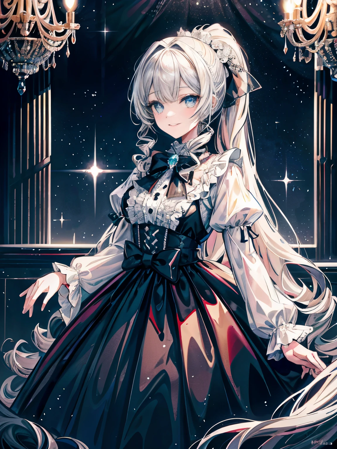 dramatic composition, coat style dress, royal, nice, カスケードfrills, frills, bow, crystal chandelier, roman curly hairstyle, ponette, double ponytail like a drill, look at the camera, bangs, maximalism, palace background, Delicate depiction of hair and eyes, princess dress, nice skirts, flowers in hand, smile, Eyes like the starry sky, cinematic light, extreme detail, High resolution, happy girl, very long hair, diamond, broken diamond, crystal shards, particles of light