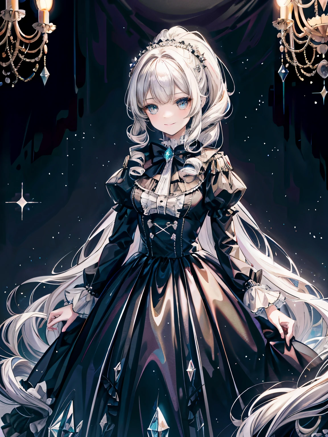 dramatic composition, coat style dress, royal, nice, カスケードfrills, frills, bow, crystal chandelier, roman curly hairstyle, ponette, double ponytail like a drill, look at the camera, bangs, maximalism, palace background, Delicate depiction of hair and eyes, princess dress, nice skirts, flowers in hand, smile, Eyes like the starry sky, cinematic light, extreme detail, High resolution, happy girl, very long hair, diamond, broken diamond, crystal shards, particles of light