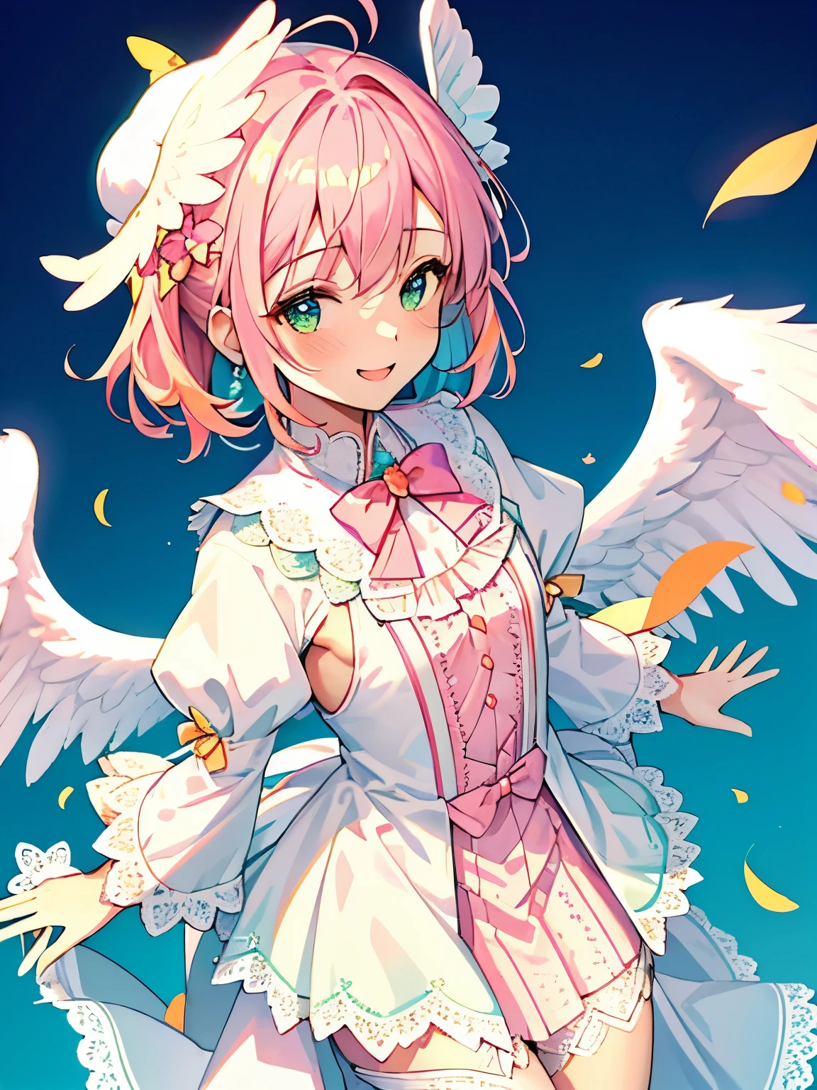 ((male)),(small breasts:1.3),((women's clothing:1.2)),(Angle from above),June bride style outfit,clothes with lots of frillangrigaeshi),close up of face,((high resolution)),modest smile,waving cutely,(lace pattern background),(white and pink and blue and yellow and green and orange),(angel wings)