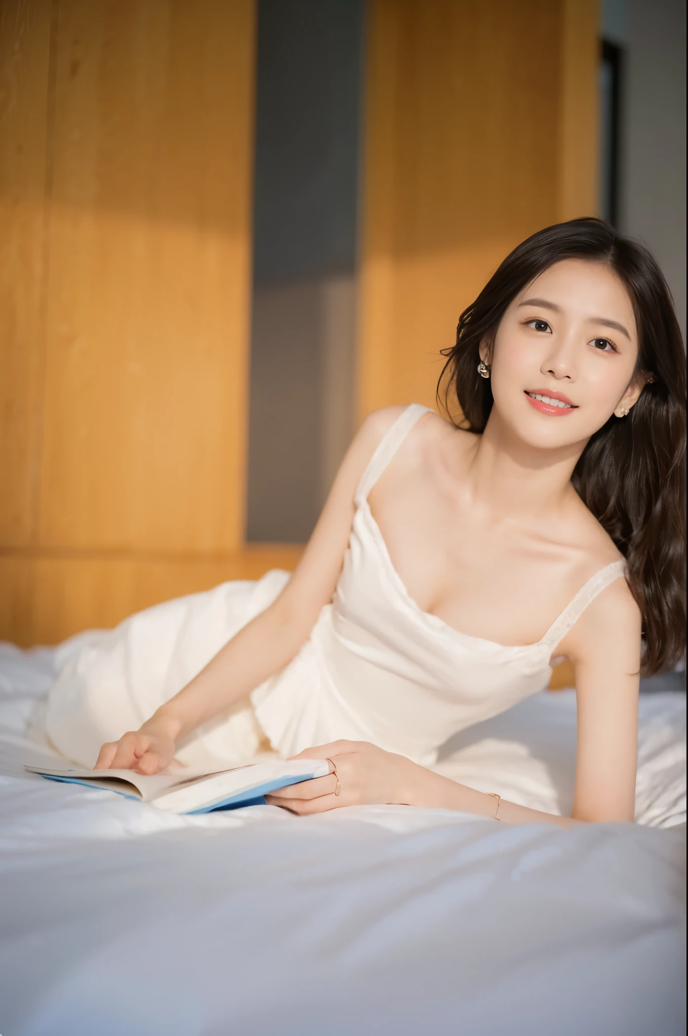 ((Masterpiece, Top image quality, high resolution、alone、skin shiny))(on the table, best quality, actual, super detailed, meticulous, high resolution, 8k wallpaper),huge breasts, Close-up portrait of a beautiful woman, like, smiling, light brown messy hair, Perfect dynamic composition, 美丽meticulous的眼睛, Just like the cover of a fashion magazine, on campus,Gorgeous costumes,hot stamping clothing,One of them is wearing a pink tulle dress,long black hair、8--old l wearing pink bow hairpin sitting on the ground holding balloons,The white buds do not exceed the knees,girl'bedroom,pink girl'Room decoration。