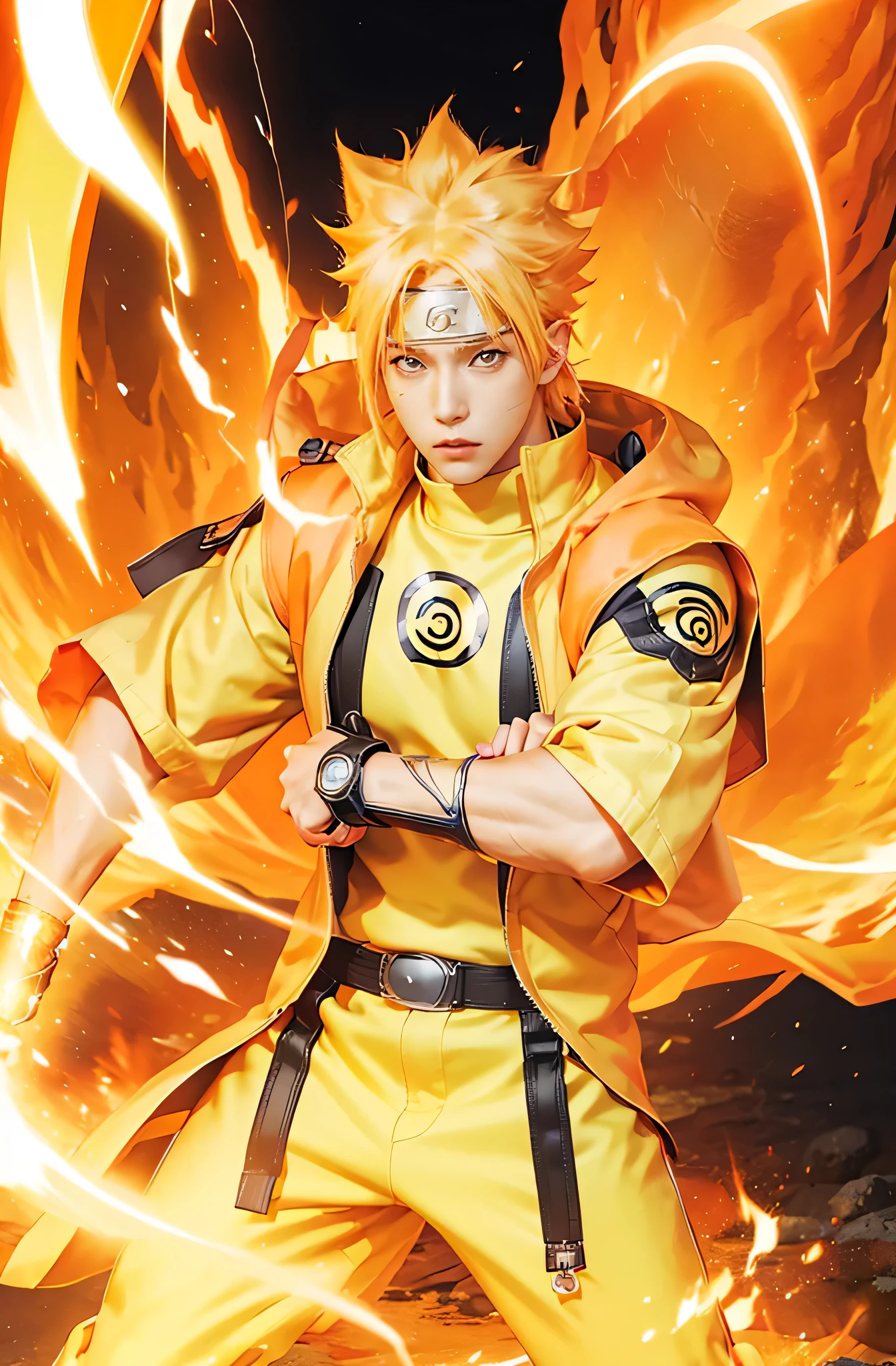1male, Naruto Uzumaki KCM, glowing orange aura, orange vfx, full body, dark black background with lightning ,standing stance fist pose, looking at viewer, first hand down second hand fist, straight standing leg, orange body, orange transparent outfit,