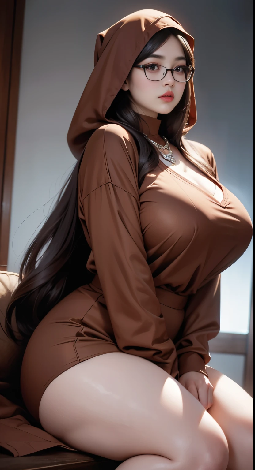 there is a woman sitting down with a longest brown hair, bbwchan, thicc, brown hijab outfit, brown hairstyle model, korean girl, korean woman, wearing brown robe, full length shot, alluring plus sized model, japanese goddess, clothed in hooded, voluptuous and arousing, portrait shot, curvy model, voluptuous body, wonderful, nene tanaka body , bbwchan, The overall atmosphere is smooth , haunting illustrations, extremely high-resolution details, photographic, realism pushed to extreme, fine texture, 4k, ultra-detailed, high quality, high contrast, red sneakers , cold atmosphere ,, cold atmosphere, 10 bracelet , wearing huge diamond necklace , glasses , full body photoshoot 