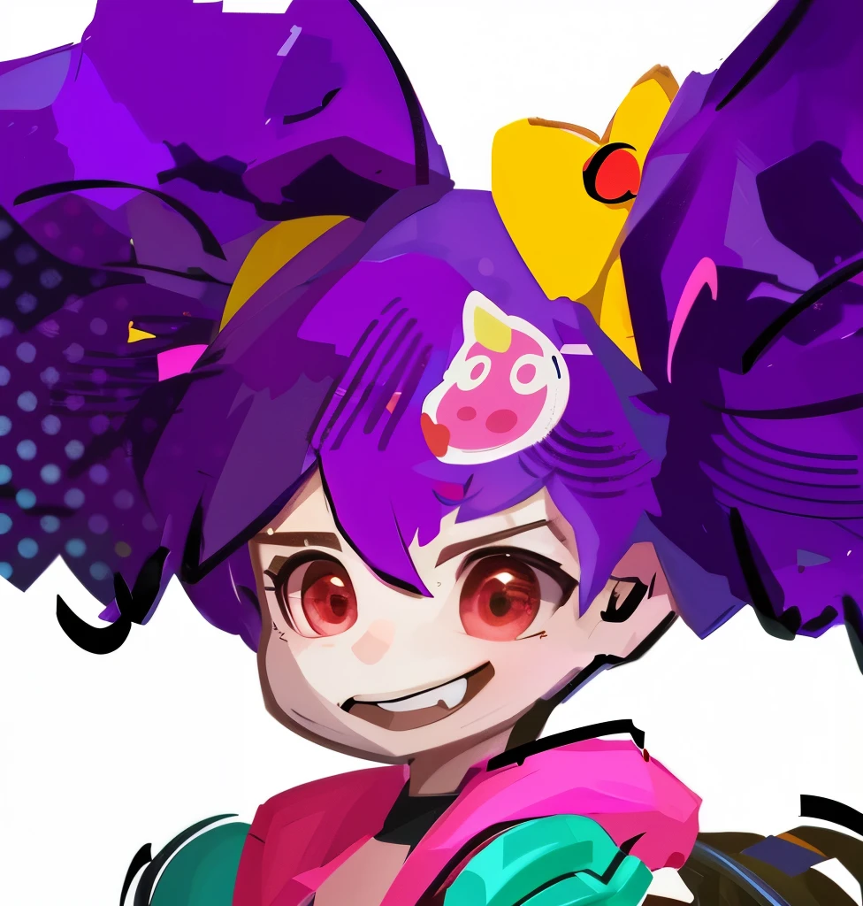 a close up of a cartoon girl with a purple hair, , anime moe artstyle, cutecore clowncore, with splatoon style, by Kamagurka, yayoi kasuma, official artwork, unknown artstyle, by Puru, game art!!, inspired by Hikari Shimoda, inspired by Puru, high quality anime artstyle
