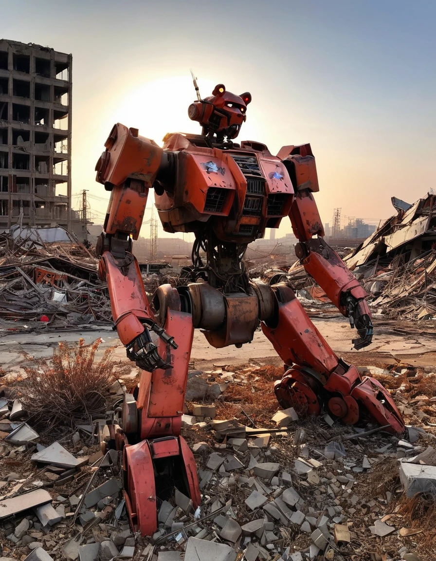 on the desolate wasteland,The afterglow of the setting sun dyes the fragmented skyline red。The once glorious city is now reduced to dust,Only ruins and overgrown wasteland remain。in this desolate landscape,(A lone broken and abandoned mecha lies next to a pile of rubble:1.5)。Its metal casing is badly damaged,wires exposed,As if going through a fierce battle。Broken gears scattered around、Twisted metal and broken glass。These bear witness to its past,An era of advanced technology and prosperity。However,Now all this has become,Only this broken body is left。With the breeze blowing,Weeds swaying around,As if mourning its fall。The afterglow of the setting sun shines on it,Giving its damaged shell a layer of tragic light。in this desolate scene,The wasteland world has become a symbol of an era,A once glorious civilization no longer exists。it lies there alone,let time pass,Become an unforgettable picture of a ruined world。