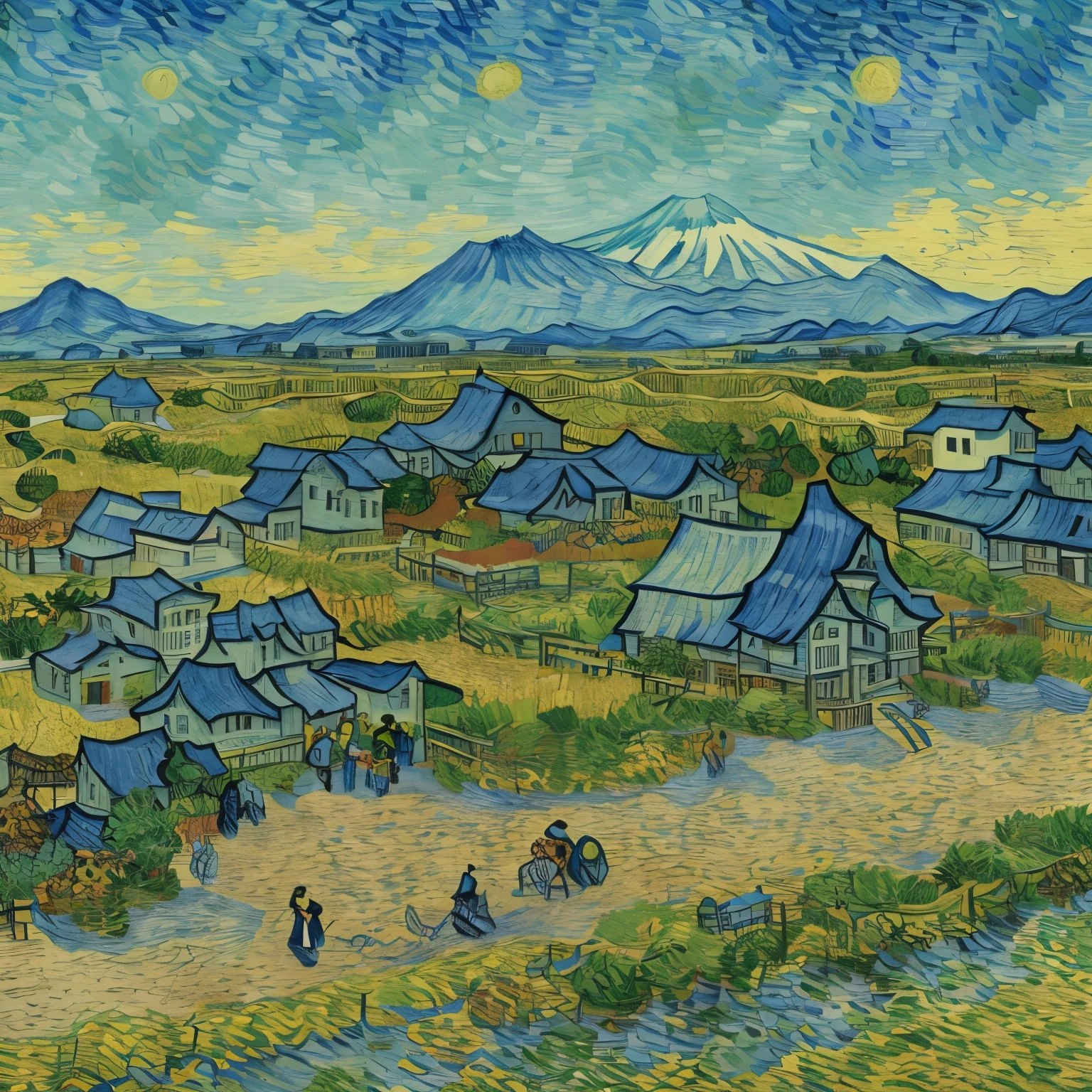 high quality, best quality, illustration, masterpiece, (highly detailed:1.2), (extremely detailed:1.3), van gogh painting, japanese building