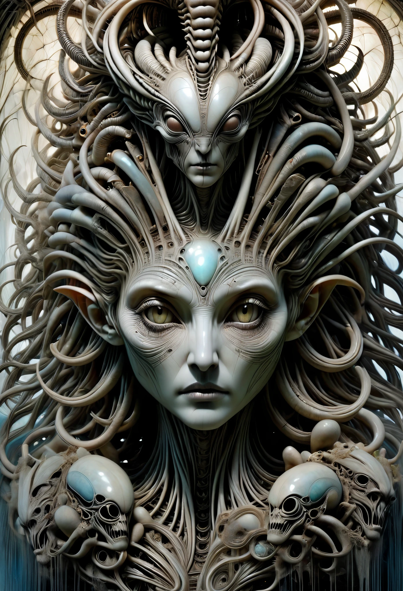 portrait, alien queen of a haunted speckled hologram, Brian Froud-inspired ethereal creatures with a touch of Cheong-ah Hwang's intricate paper art techniques and Brian M Viveros' evocative allure, focusing on detailed face features including extremely detailed pupils, conveying soft skin,