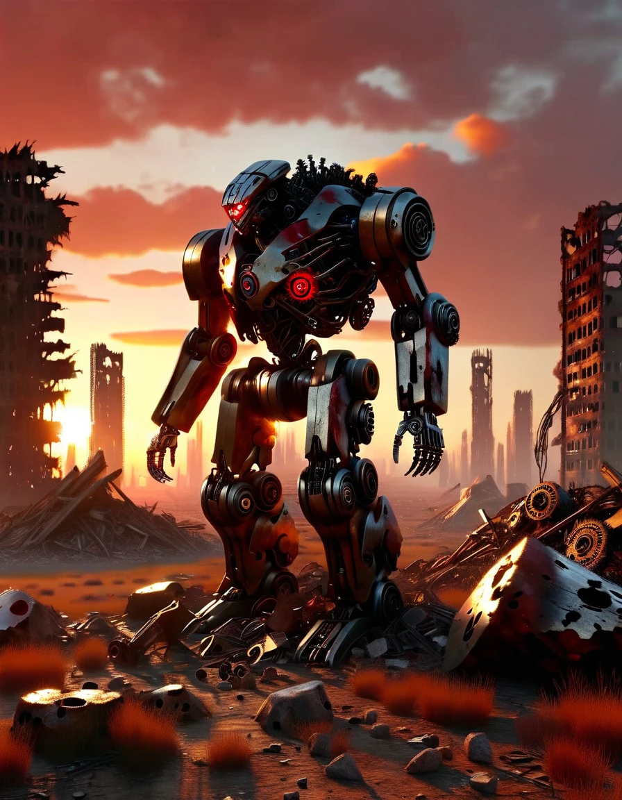 (full-body shot)，(center)，on the desolate wasteland，The afterglow of the setting sun dyes the fragmented skyline red。The once glorious city is now reduced to dust，Only ruins and overgrown wasteland remain。in this desolate landscape，(A lone broken and abandoned mecha lies next to a pile of rubble:1.5)。Its metal casing is badly damaged，wires exposed，As if going through a fierce battle。Broken gears scattered around、Twisted metal and broken glass。These bear witness to its past，An era of advanced technology and prosperity。However，Now all this has become，Only this broken body is left。With the breeze blowing，Weeds swaying around，As if mourning its fall。The afterglow of the setting sun shines on it，Giving its damaged shell a layer of tragic light。in this desolate scene，The wasteland world has become a symbol of an era，A once glorious civilization no longer exists。it lies there alone，let time pass，Become an unforgettable picture of a ruined world，(global illumination, Ray tracing, high dynamic range, Unreal rendering, Reasonable design, high detail, masterpiece, best quality, ultra high definition, light)，3d style