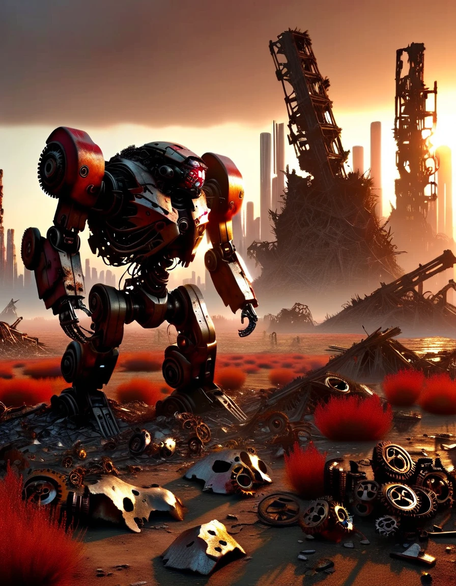 (full-body shot)，(center)，on the desolate wasteland，The afterglow of the setting sun dyes the fragmented skyline red。The once glorious city is now reduced to dust，Only ruins and overgrown wasteland remain。in this desolate landscape，(A lone broken and abandoned mecha lies next to a pile of rubble:1.5)。Its metal casing is badly damaged，wires exposed，As if going through a fierce battle。Broken gears scattered around、Twisted metal and broken glass。These bear witness to its past，An era of advanced technology and prosperity。However，Now all this has become，Only this broken body is left。With the breeze blowing，Weeds swaying around，As if mourning its fall。The afterglow of the setting sun shines on it，Giving its damaged shell a layer of tragic light。in this desolate scene，The wasteland world has become a symbol of an era，A once glorious civilization no longer exists。it lies there alone，let time pass，Become an unforgettable picture of a ruined world，(global illumination, Ray tracing, high dynamic range, Unreal rendering, Reasonable design, high detail, masterpiece, best quality, ultra high definition, light)，3d style