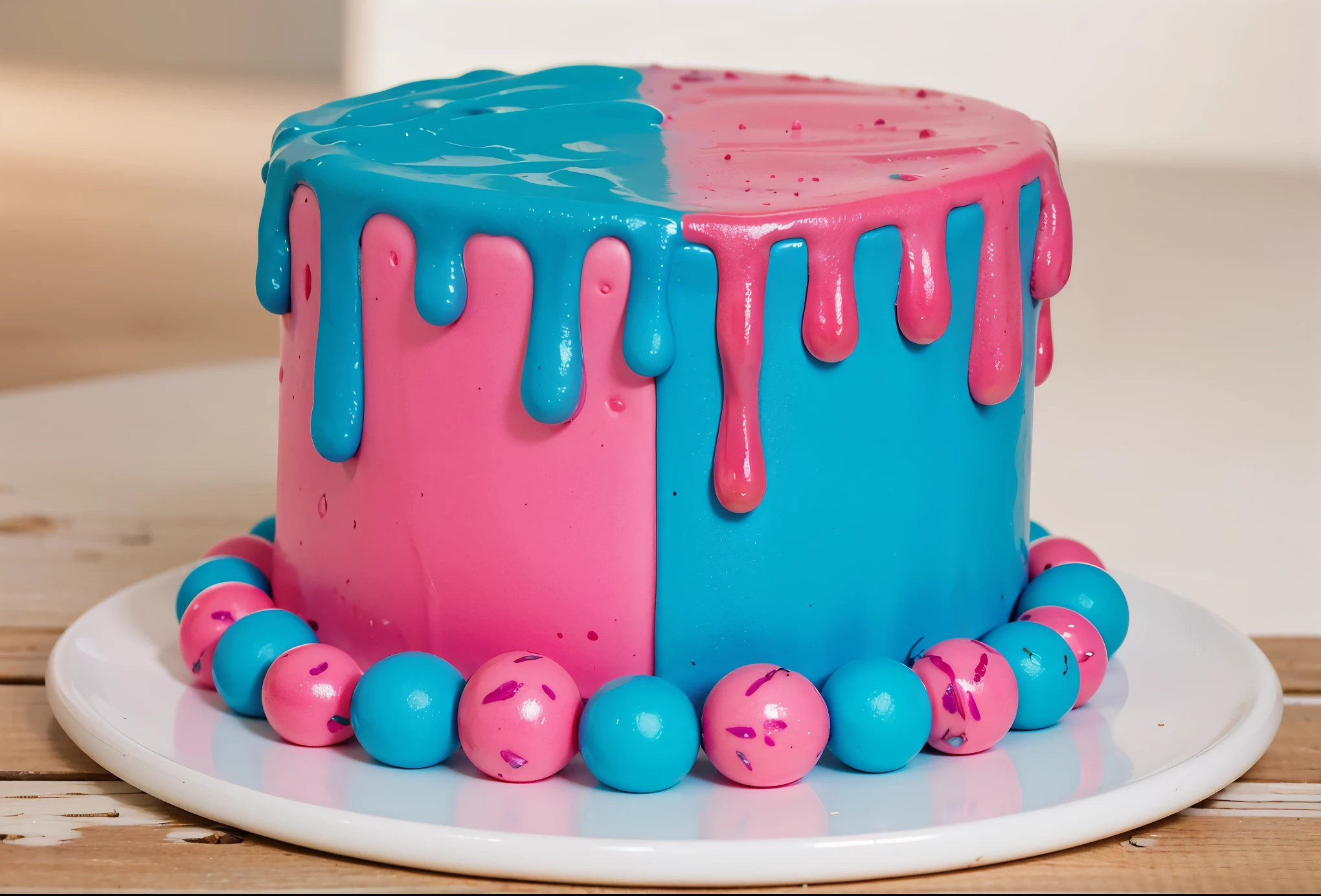 there is a white plate with a tiny cake on a wooden table, tiny pink and blue cream cake, tiny cream cake base, creamy texture, pink and blue cake, pink and blue glaze flows down from above, there are pink and blue mastic balls around the cake, realistic texture, Realistic style, Detailed textures, high quality, A high resolution, high quality рендера, beautiful voluminous cake, bright lighting, contour light, beautiful render, high quality photo, photograph of a confectionery product, macro photography, macro texture, hyper realistic food photography