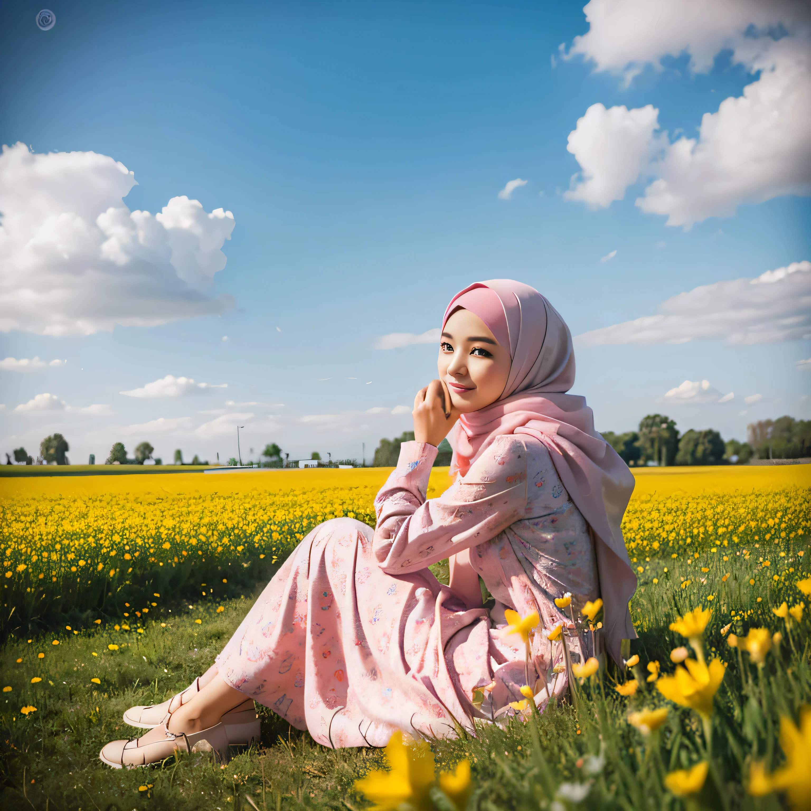TYPE : Beauty Photography
THEME : islamic , moslem
RACE : Indonesian, young
PERSON 1 : Early 20s, woman
SCENE : outdoor , sitting in the middle of a field of very tall and beautiful flower field, side view , full filled with tall flower field, creating an beauty atmosphere , wind blowing effect, beautiful expression , graceful pose .smile at camera
PROPS: : fields of tall flower field, blue sky , wearing soft pink patterned long hijab , soft pink patterned long closed hijab , wearing soft pink patterned long dress, wind blow 
CAMERA : photographed using an Canon eos 90d DSLR camera with 18-135mm lens , detail skin texture , detailed face , close up , low exposure
ANGLE : High Dynamic Range (HDR) shot
