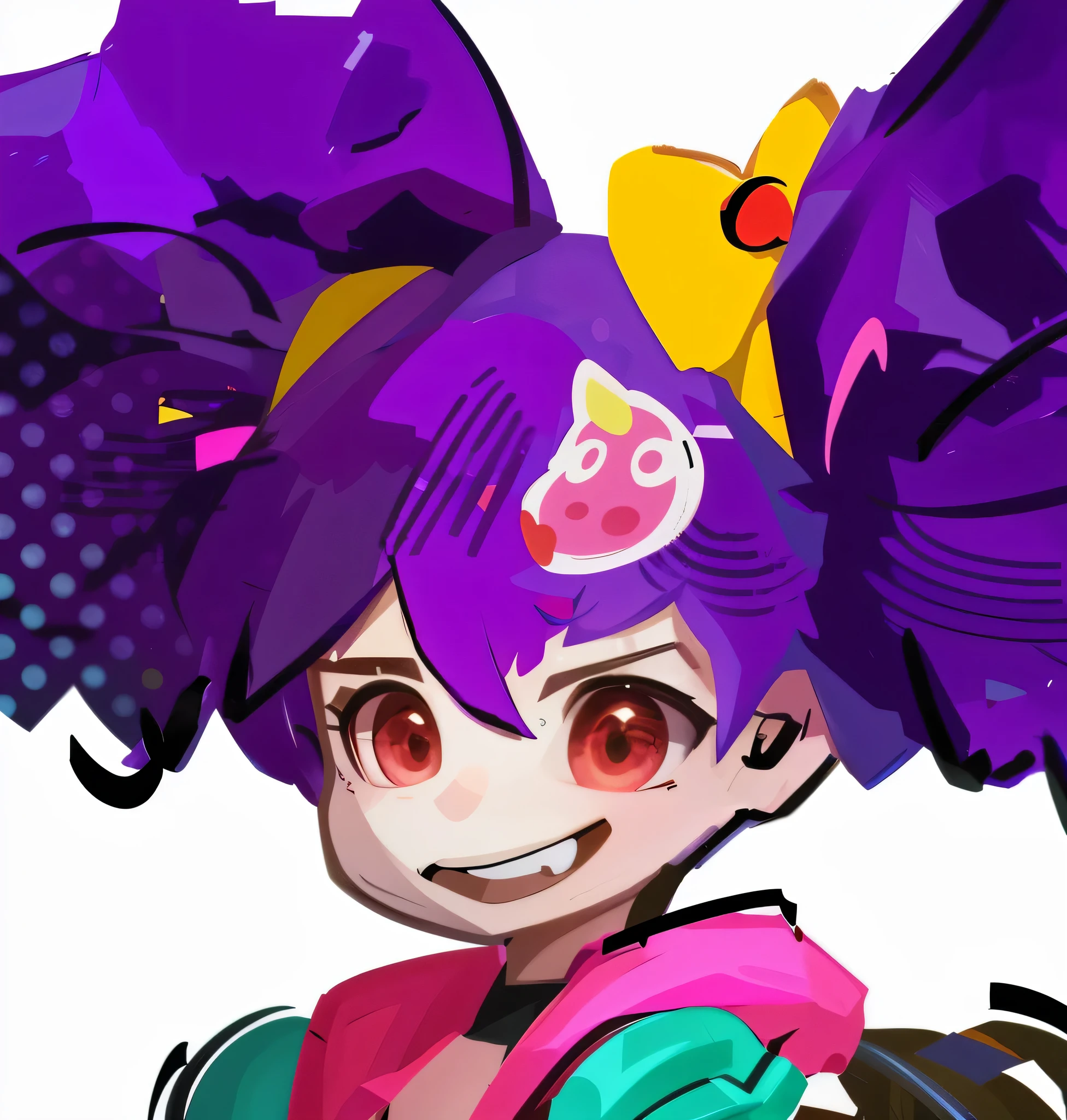 a close up of a cartoon girl with a purple hair, , anime moe artstyle, cutecore clowncore, with splatoon style, by Kamagurka, yayoi kasuma, official artwork, unknown artstyle, by Puru, game art!!, inspired by Hikari Shimoda, inspired by Puru, high quality anime artstyle