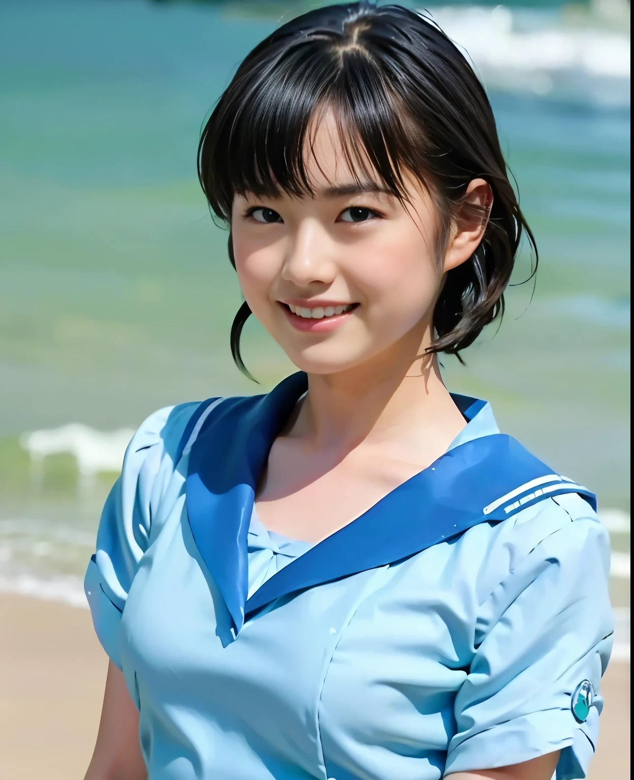 (highest quality:1.2),(perfect beautiful face:1.2),(perfect and beautiful posture:1.2),(japanese woman:1.1), short cut hair, On the beach in midsummer, smile, Ultra-high precision photos,clear eyes, ((sailor_mercury:1.1)),close up of chest