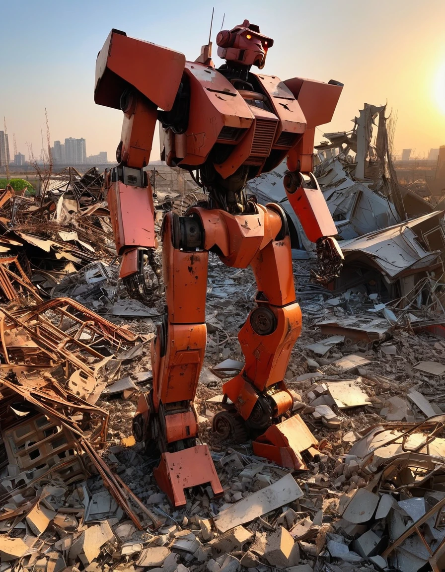 on the desolate wasteland,The afterglow of the setting sun dyes the fragmented skyline red。The once glorious city is now reduced to dust,Only ruins and overgrown wasteland remain。in this desolate landscape,(A lone broken and abandoned mecha lies next to a pile of rubble:1.5)。Its metal casing is badly damaged,wires exposed,As if going through a fierce battle。Broken gears scattered around、Twisted metal and broken glass。These bear witness to its past,An era of advanced technology and prosperity。However,Now all this has become,Only this broken body is left。With the breeze blowing,Weeds swaying around,As if mourning its fall。The afterglow of the setting sun shines on it,Giving its damaged shell a layer of tragic light。in this desolate scene,The wasteland world has become a symbol of an era,A once glorious civilization no longer exists。it lies there alone,let time pass,Become an unforgettable picture of a ruined world。