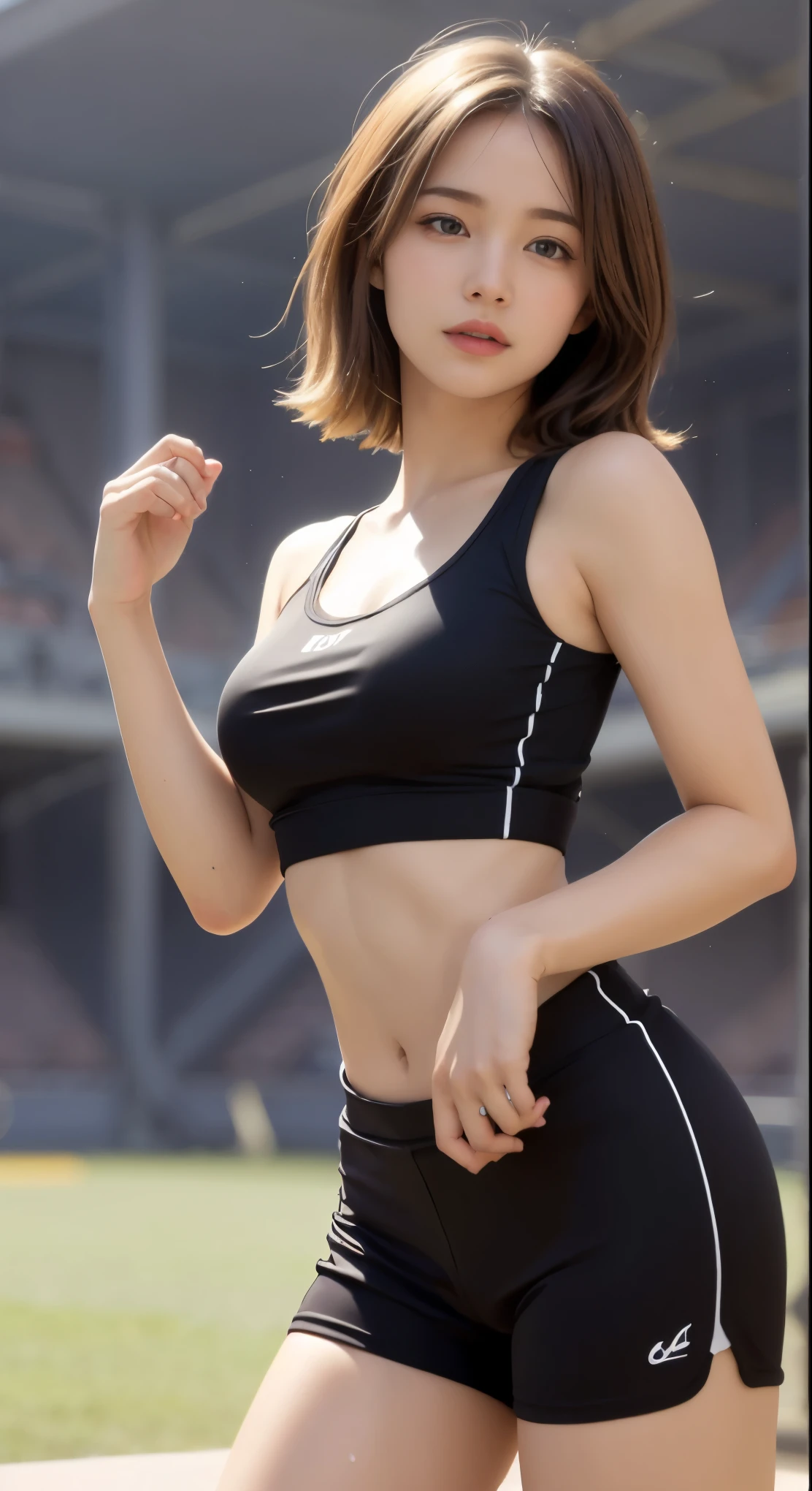 (highest quality ,16k, High resolution, table top:1.2), super detailed, (realistic,realistic, Photoreal:1.37), athletic runner, beautiful high school girl, short bob hair, blush, stunning light brown hair, shining hazel eyes, Curvaceous, constricted waist, athletics stadium, Navel exposed, blushする, Sweat, bright sunshine, looking at camera,(incredibly absurdres:1.2) masterpiece (realistic photorealistic:1.4) RAW photo portrait nice hands perfect hands