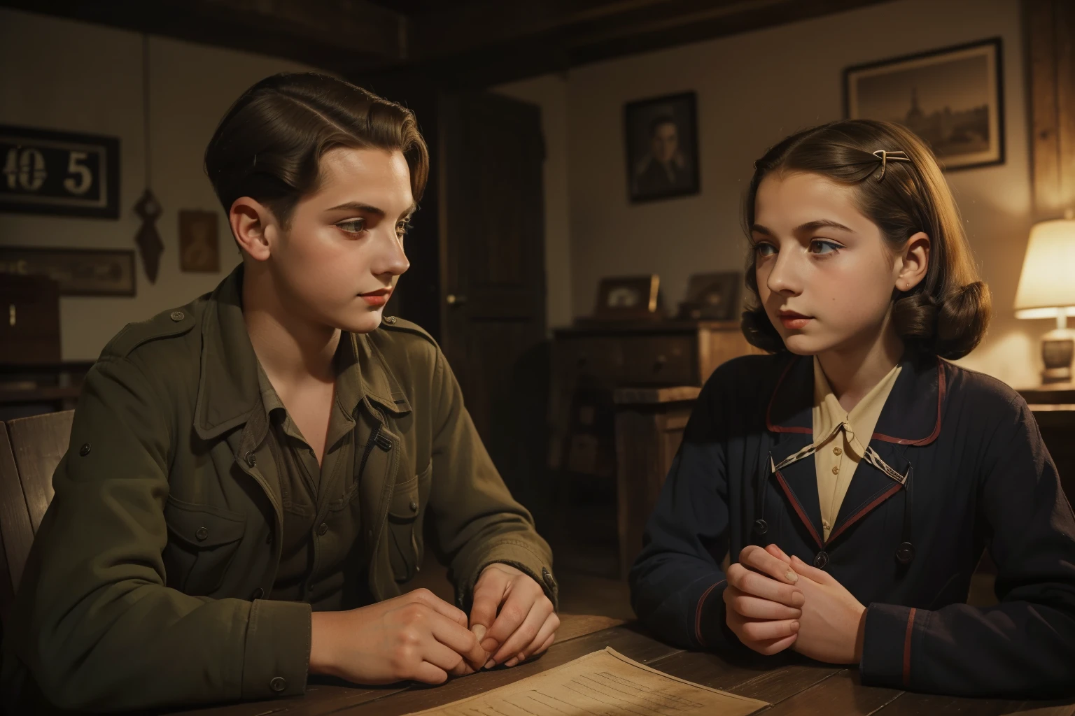 Molching, Germany, 1941. ((((25-year-old)) Max Vandenburg)), swampy eyes, thin, jew, cunning, crafty, sharp features, in the basement, talking with ((((11-year-old)) Liesel Meminger)), very thin, kind, big-hearted, dangerous dark eyes. ((((poor casual clothings from the 1940s)))).