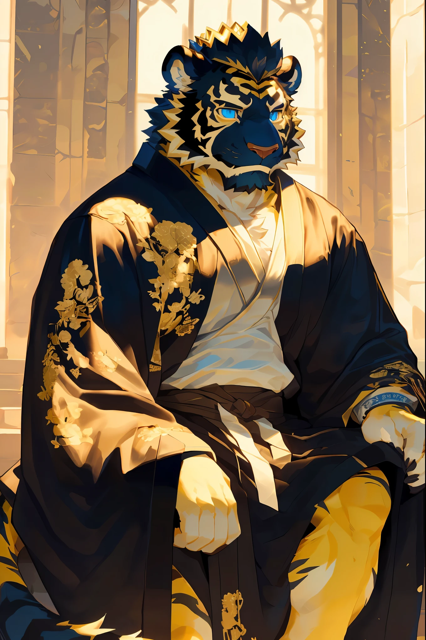 (One is wearing a black robe，Golden and white fur tiger sitting on the throne:1.2),(Wearing a black embroidered cloud robe),king,16k high quality detailed art,(Golden Tiger:1.1), (((white and gold fur:1.5))),(Gold and white two-tone), (The two eyes are not the same color，different color eyes，A golden eye，The other one has blue eyes:1.5) (muscular body:1.2), perfect eyes,Handsome,(OK),(perfect face)，(Eye depiction:1.3),(wearing a crown:1.1),(golden and white skin:1.3),(Background of the Royal Palace),(close up:1.3),Publaz, (Golden Tiger:1.1), (((golden and white fur:1.3))),perfect eyes,Handsome, (OK), ((Black embroidered moire robe:1.???????press,(Background of the Royal Palace),(indifferent eyes),(Golden Tiger tail),不同的Express,(perfect masterpiece),(16k),(abdominal muscles:1.3),(((middle aged:1.4))),(36 years old),(golden stripes),alone,(black sideburns:1.2),(black beard:1.3),(black chin:1.3),(golden face pattern:1),(Very rich facial details:1.3),(Strong),Half body,The emperor is imposing