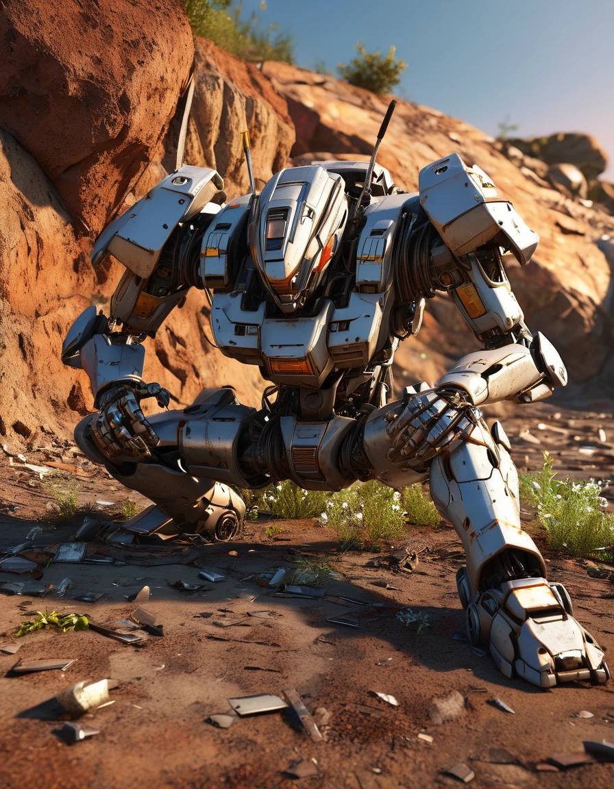 (full-body shot) , ((1 abandoned mecha lying on the ground)), Wasteland,(Damaged rusty metal casing:1.5),Bare wires,Extinguished electronic eye,Remains Cliff,Overgrown wasteland,Broken gears and metal pieces,broken glass,swaying weeds,tragic sunset,afterglow,Ruined world background,(global illumination, Ray tracing, high dynamic range, Unreal rendering, Reasonable design, high detail, masterpiece, best quality, ultra high definition, light),3d style