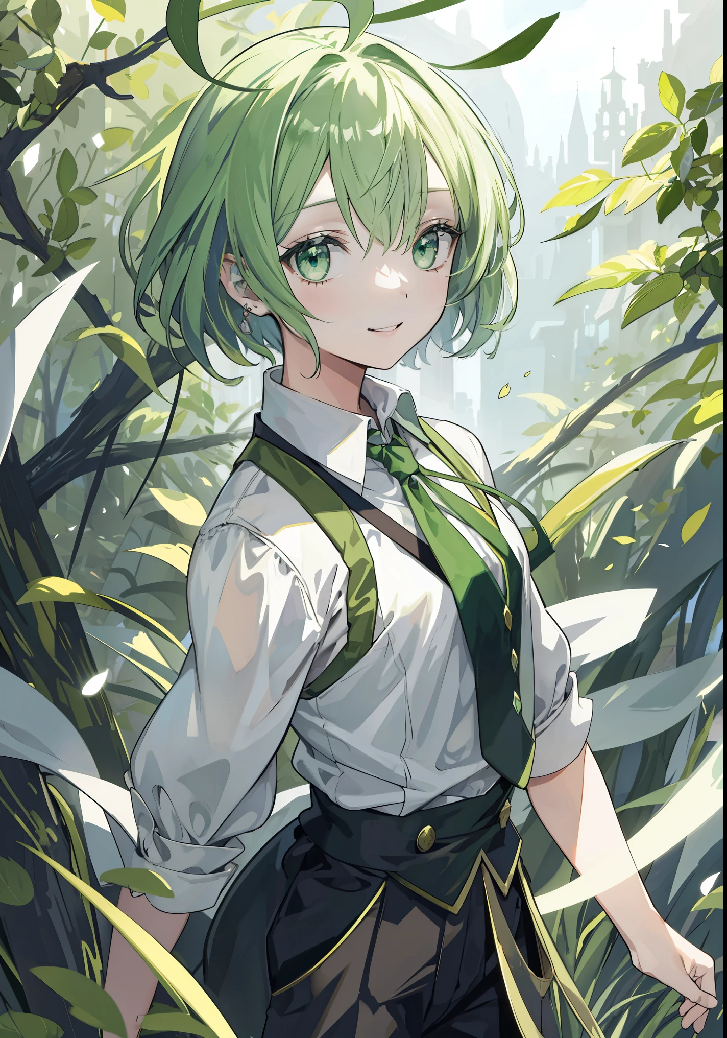 big green ribbon on head、(fantasy:1.4), (anime), ((Highly detailed 8K illustrations)), High resolution, (Highly detailed and beautiful background), Super precise painting, professional illustration, A big smile、smile、smiling、Super precise depiction, Super detailed depiction, (beautiful and aesthetic:1.2), HDR, (Depth of the bounds written:1.4), (girl), (bad no tabi), (bad \(bad no tabi\)), Little, big green ribbon on head、Big Ahoge、green hair, green eyes, kind, small breasts, short hair, green uniform、black vest, black long pants,tie, , white shirt, smile, character focus, panty shot,