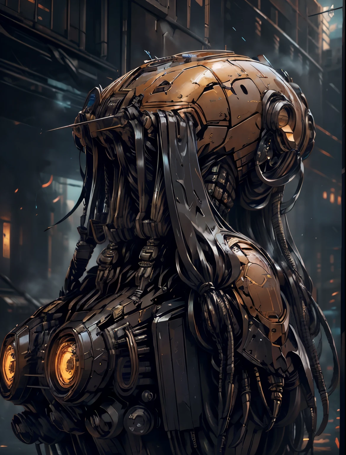 masterpiece，（best quality）Giant Cyberpunk Female Mechanical Titan，Breasts assembled from giant carbon fiber mechanical structural modules，Mega Evolution Future Technology Titan，Ruined dungeon ruins on apocalyptic cloudy day and night，jewel-encrusted mechanical breasts，Metallic skin