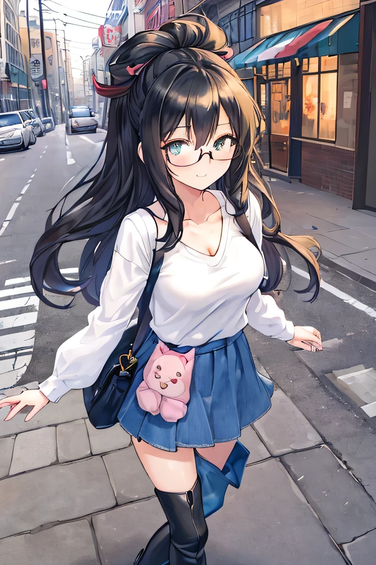 ((masterpiece)), ((best quality)), (ultra-detailed), (kawaii), illustration, anime style, upper body, in the middle, upper body focus, 1girl, cute girl, (beautiful eyes), beautiful straight black long hair, slim, slender, medium breast, glasses. V-neck tops, denim skirt, ankle boots, crossbody bag, Style: Casual chic with a touch of edginess. Mood: Confident and effortlessly cool. Background: Urban street scene or trendy cafe. Character: A beautiful anime girl with long flowing hair, striking eyes, and a playful smile. She exudes charisma and charm as she confidently struts down the street, turning heads with her impeccable fashion sense.