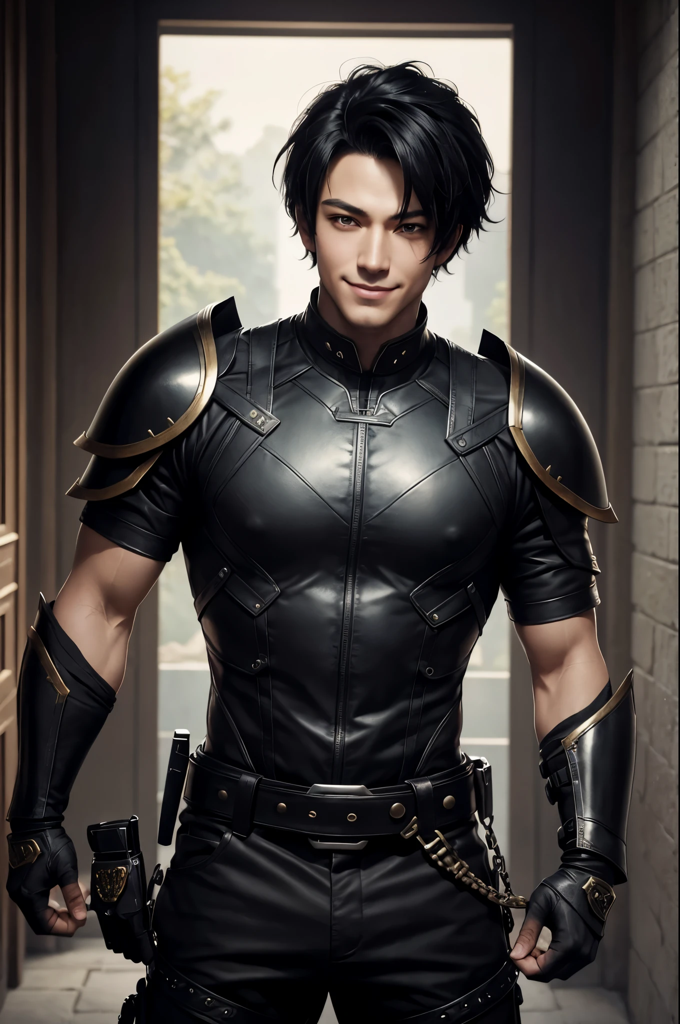 8K,boy in leather clothes, young man boy,Black combat uniform,black combat pants,Black eyes,Black Hair Bob Hair,Black Gauntlet,Black shoulder armor,by Yang J, range murata and artgerm, Handsome Boy in Demon Slayer Art, Stunning character art, ArtgermとCraig Mullins,超A high resolution,super realistic skin,cool smile,Fantasyart,Super handsome boy,kindly smile,inside a big mansion,