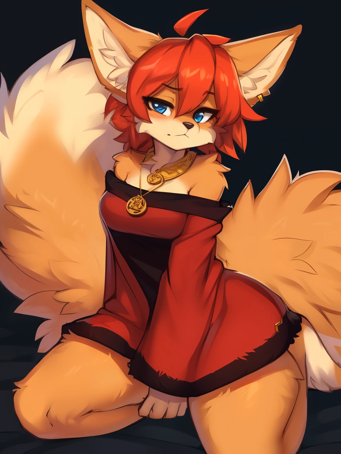 ((masterpiece, best quality)) by zackary911,zackary911, fluff-kevlar, by fluff-kevlar, anthro fennec fox, orange fur, female, solo, one character, fuury character, furry female. blue eyes, big ears, red robe. gold medallion, orange fur. fluffy fur, big tail, serious face, only one tail, dark background, no hair