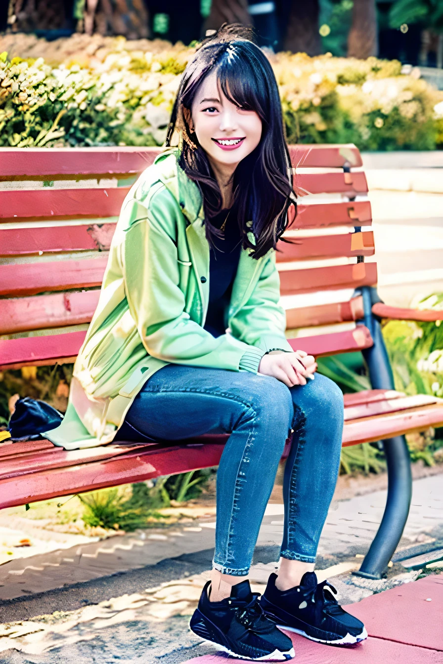 A neat and beautiful woman sitting on a park bench、black hair、hoodie、skinny denim、sneakers、refreshing smile、smiling showing teeth、full body photo、hat