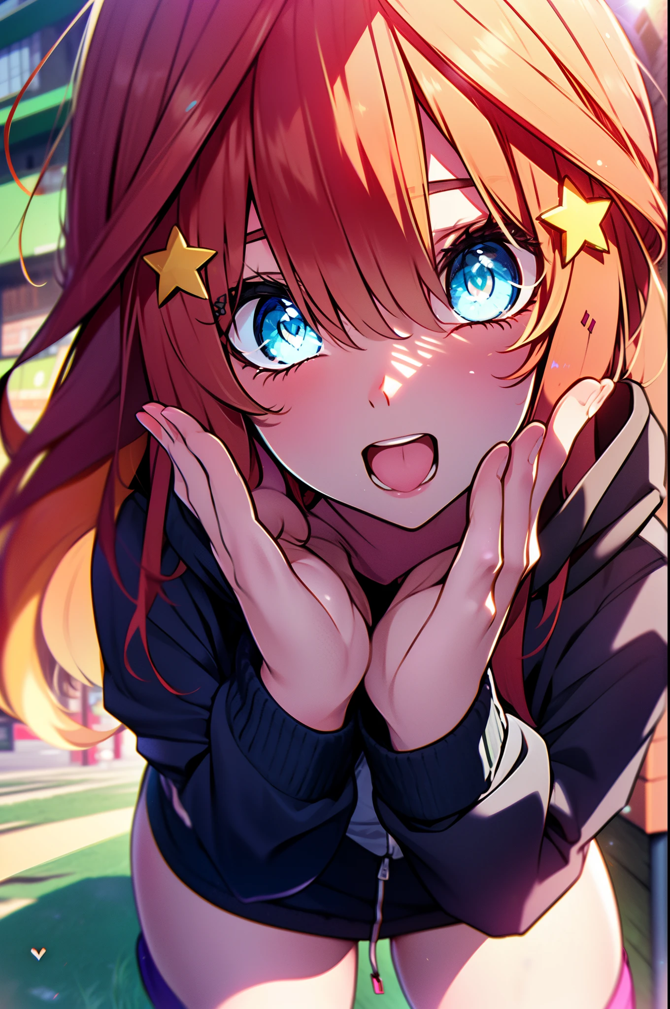 itsukinakano, Itsuki Nakano, bangs, blue eyes, hair between eyes, Ahoge, redhead, star \(symbol\), hair ornaments, star hair ornaments,red oversized hoodie,shorts,white knee high socks,high cut sneakers,smile,blush,(great laugh:1.1), (open your mouth:1.1), (wide open eyes:1.2), glare of the sun, Bokeh, Depth of the bounds written, blurred background, particles of light, strong wind, (heart particles:1.1)
break outdoors, In town,Destroy the building area (masterpiece:1.2), highest quality, High resolution, unity 8k wallpaper, (figure:0.8), (detailed and beautiful eyes:1.6), highly detailed face, perfect lighting, Very detailed CG, (perfect hands, perfect anatomy),