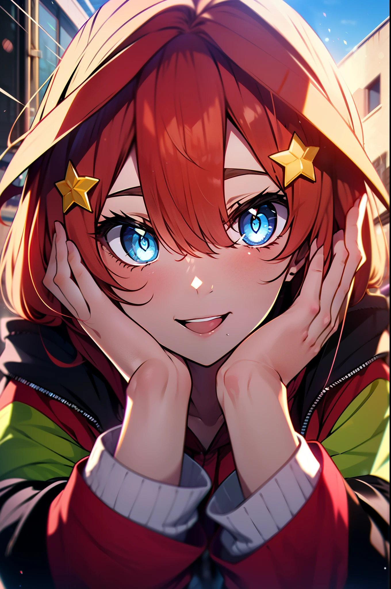 itsukinakano, Itsuki Nakano, bangs, blue eyes, hair between eyes, Ahoge, redhead, star \(symbol\), hair ornaments, star hair ornaments,red oversized hoodie,shorts,white knee high socks,high cut sneakers,smile,blush,(great laugh:1.1), (open your mouth:1.1), (wide open eyes:1.2), glare of the sun, Bokeh, Depth of the bounds written, blurred background, particles of light, strong wind, (heart particles:1.1)
break outdoors, In town,Destroy the building area (masterpiece:1.2), highest quality, High resolution, unity 8k wallpaper, (figure:0.8), (detailed and beautiful eyes:1.6), highly detailed face, perfect lighting, Very detailed CG, (perfect hands, perfect anatomy),