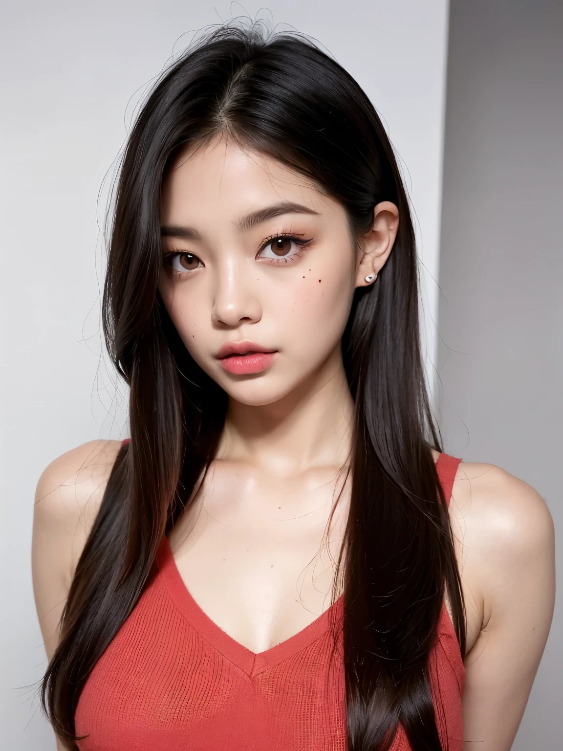 Kim Jennie de blackpink con el cabello rubio claro, cabello rubio con ondulado, cabello de color rubio ondulado, with small fringes, ojos color negro, nariz respingada y bonita, labios gruesos, Cupid and heart shaped lips.., labios rosas, pale, piel blanca, piel bonita y suave, con pecas y lunares, cejas bonitas, marked and beautiful clavicle, mientras tiene un polo con rosas color rojo tinto, rojo oscuro, con ropa interior femenina, abdomen delgado y bonito, escote desnudo, (pechos grandes, pechos suaves, pechos naturales, escote desnudo), mientras agarra una rosa, mirando a la camara, autofoto