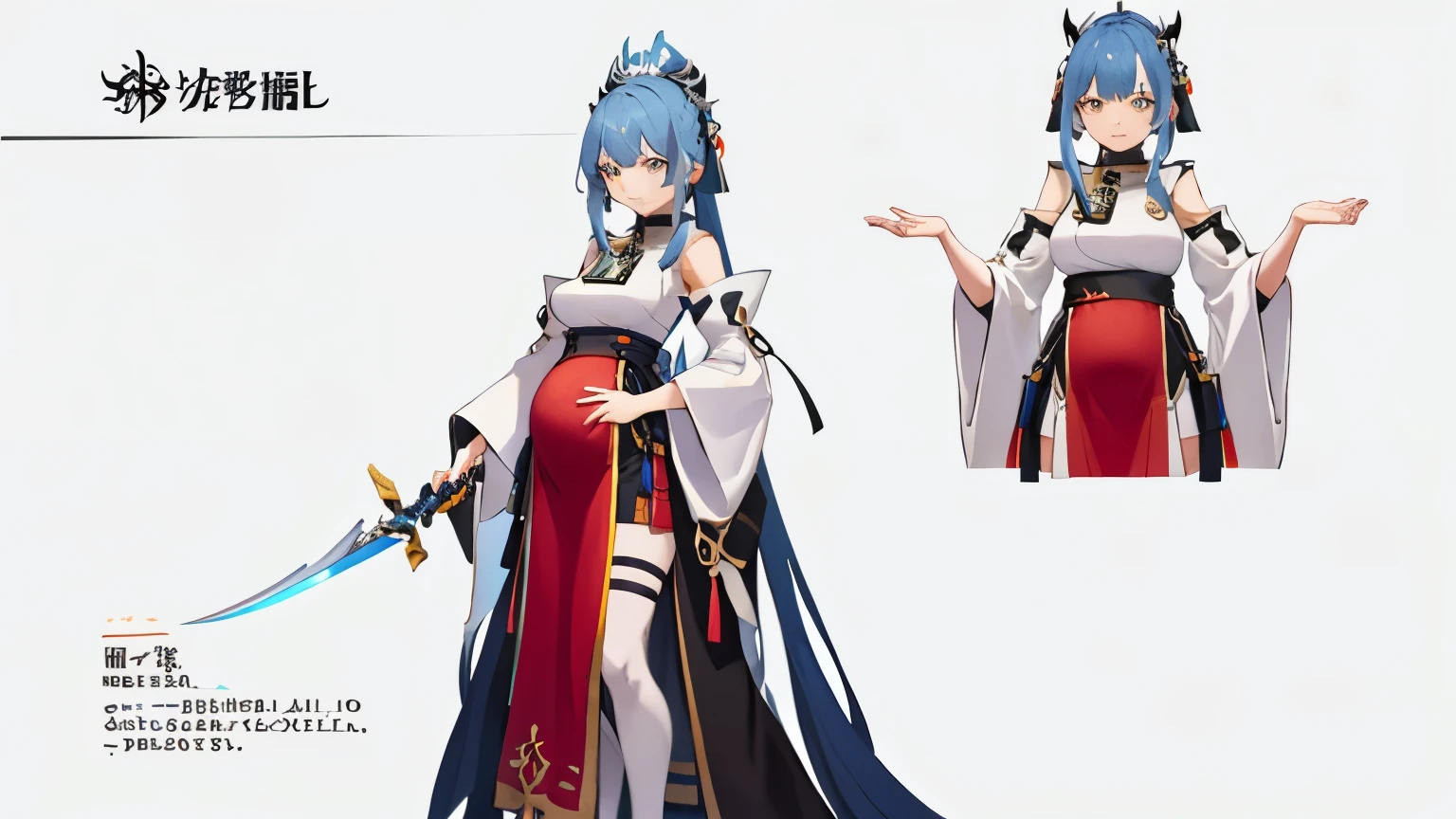 a woman in a dress holding a dagger and a dagger, video game character, from arknights, fox nobushi holding a dagger, hajime yatate, keqing from genshin impact, random haired deity, with small sword, ayaka genshin impact, female action anime girl, official character art, anime character, pregnant anime girl, fetus, random hair color, pregnant belly
