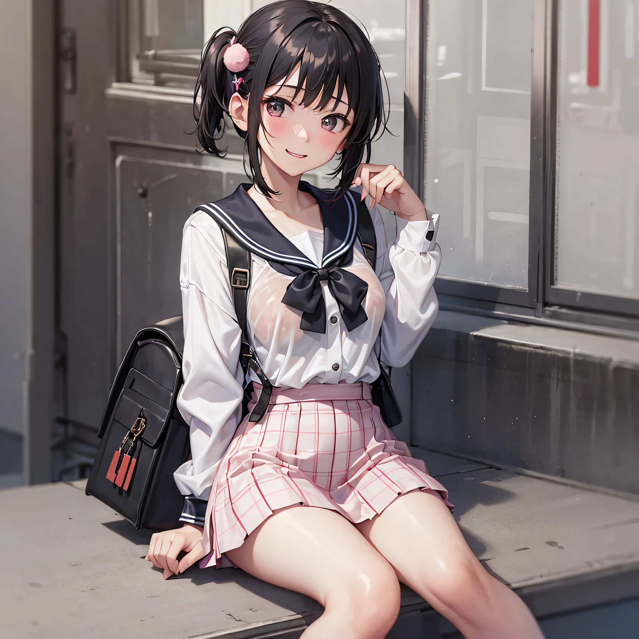 masterpiece, highest quality, High resolution, question 1, 1 girl, alone, hair ring, Pom Pom Hair Ornament, sailor collar, long sleeve, short bob,bob hair, striped skirt, beret, blush,smile, wearing randoseru backpack,Clothes are transparent,nipple,big breasts,young girl,Clothes are transparent 、、Kindergarten children、sit with your legs apart、Cute patterned panties、blush、embarrassed expression,clothes get wet,Nipple shows through