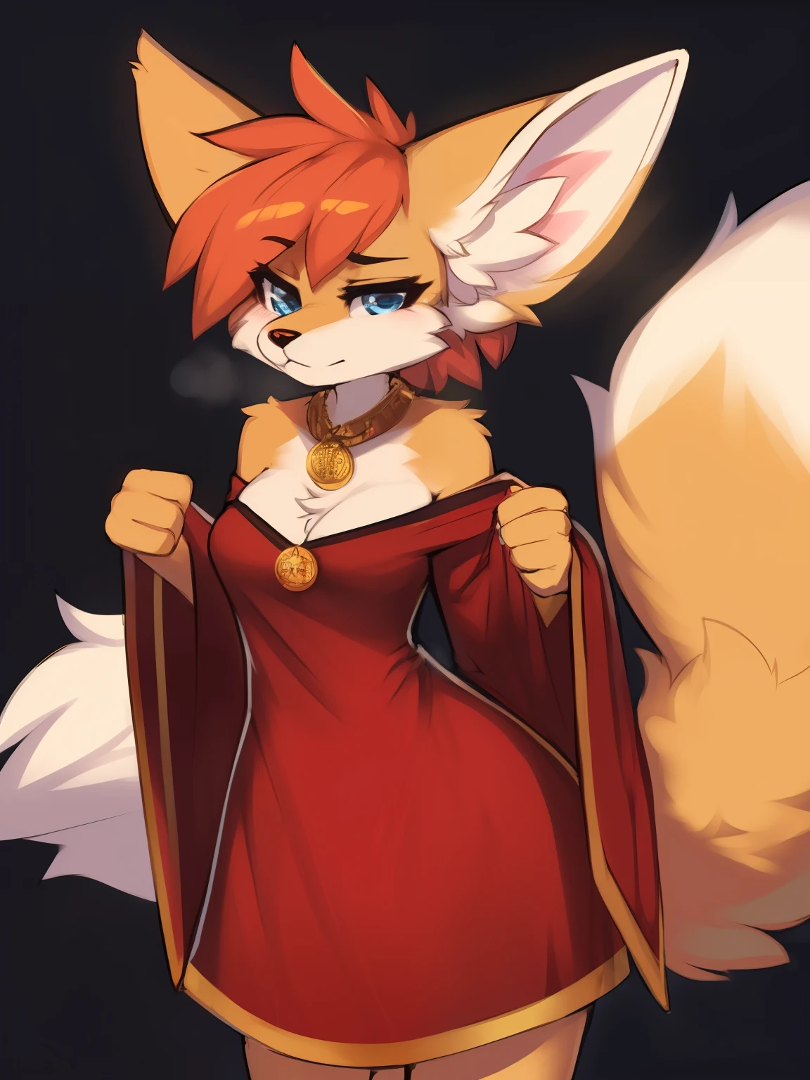 ((masterpiece, best quality)) by zackary911,zackary911, fluff-kevlar, by fluff-kevlar, anthro fennec fox, orange fur, female, solo, one character, fuury character, furry female. blue eyes, big ears, red robe. gold medallion, orange fur. fluffy fur, big tail, serious face, only one tail