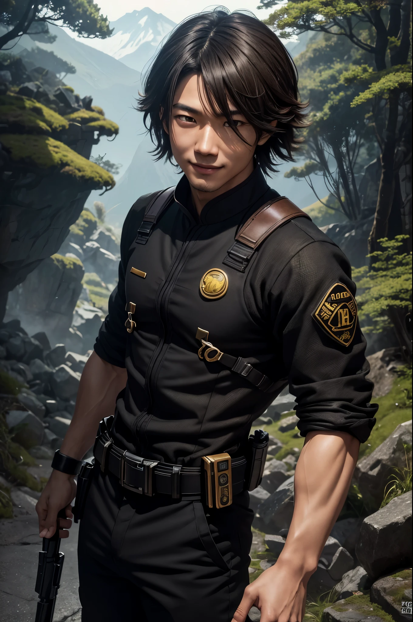 8K,Young Japanese man in black combat uniform,good looking(like the real thing),ride a bike,black combat pants,Light brown permed medium bob,Big eyes,black eyes,muscular slim body,smile,Frivolous atmosphere,comical pose,masterpiece,Photorealistic RAW photos of the highest quality。bright colors,rich colors, Backlight, cinematic lighting, film grain, to be born, 50mm lens, Nikon D850,detailed character art,fantasy art,ultra high resolution,super realistic skin,Perfect hand shape,mountain path,Persona4(Hanamura Yosuke),
