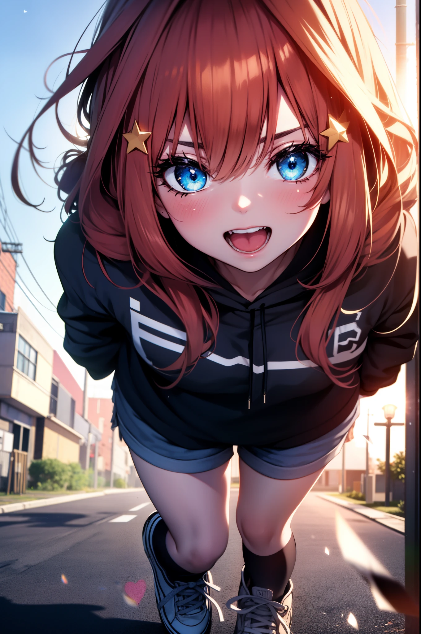itsukinakano, Itsuki Nakano, bangs, blue eyes, hair between eyes, Ahoge, redhead, star \(symbol\), hair ornaments, star hair ornaments,red oversized hoodie,shorts,white knee high socks,high cut sneakers,smile,blush,(great laugh:1.1), (open your mouth:1.1), (wide open eyes:1.2), glare of the sun, Bokeh, Depth of the bounds written, blurred background, particles of light, strong wind, (heart particles:1.1)
break outdoors, In town,Destroy the building area (masterpiece:1.2), highest quality, High resolution, unity 8k wallpaper, (figure:0.8), (detailed and beautiful eyes:1.6), highly detailed face, perfect lighting, Very detailed CG, (perfect hands, perfect anatomy),