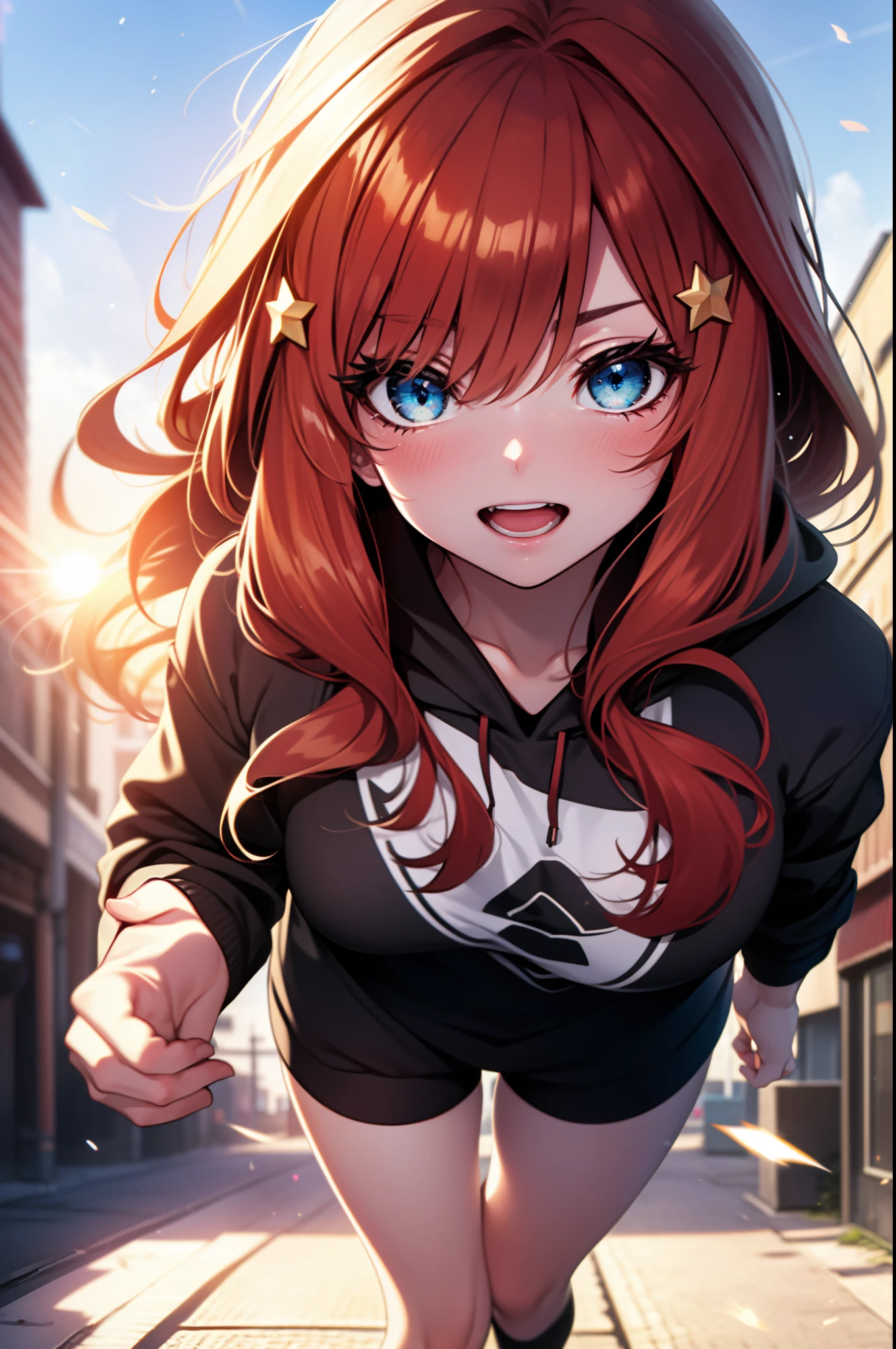 itsukinakano, Itsuki Nakano, bangs, blue eyes, hair between eyes, Ahoge, redhead, star \(symbol\), hair ornaments, star hair ornaments,red oversized hoodie,shorts,white knee high socks,high cut sneakers,smile,blush,(great laugh:1.1), (open your mouth:1.1), (wide open eyes:1.2), glare of the sun, Bokeh, Depth of the bounds written, blurred background, particles of light, strong wind, (heart particles:1.1)
break outdoors, In town,Destroy the building area (masterpiece:1.2), highest quality, High resolution, unity 8k wallpaper, (figure:0.8), (detailed and beautiful eyes:1.6), highly detailed face, perfect lighting, Very detailed CG, (perfect hands, perfect anatomy),