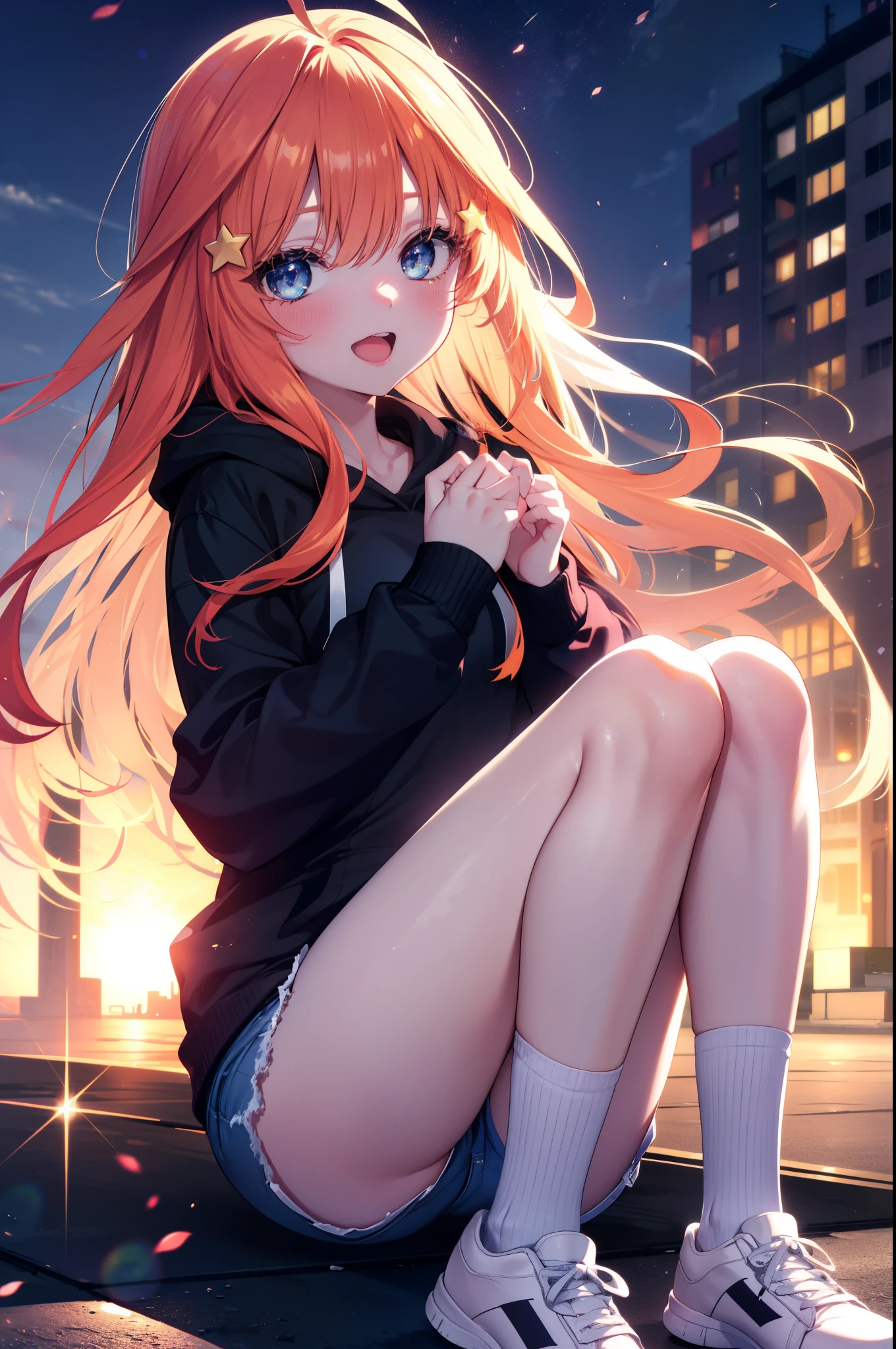itsukinakano, Itsuki Nakano, bangs, blue eyes, hair between eyes, Ahoge, redhead, star \(symbol\), hair ornaments, star hair ornaments,red oversized hoodie,shorts,white knee high socks,high cut sneakers,smile,blush,(great laugh:1.1), (open your mouth:1.1), (wide open eyes:1.2), glare of the sun, Bokeh, Depth of the bounds written, blurred background, particles of light, strong wind, (heart particles:1.1)
break outdoors, In town,Destroy the building area (masterpiece:1.2), highest quality, High resolution, unity 8k wallpaper, (figure:0.8), (detailed and beautiful eyes:1.6), highly detailed face, perfect lighting, Very detailed CG, (perfect hands, perfect anatomy),
