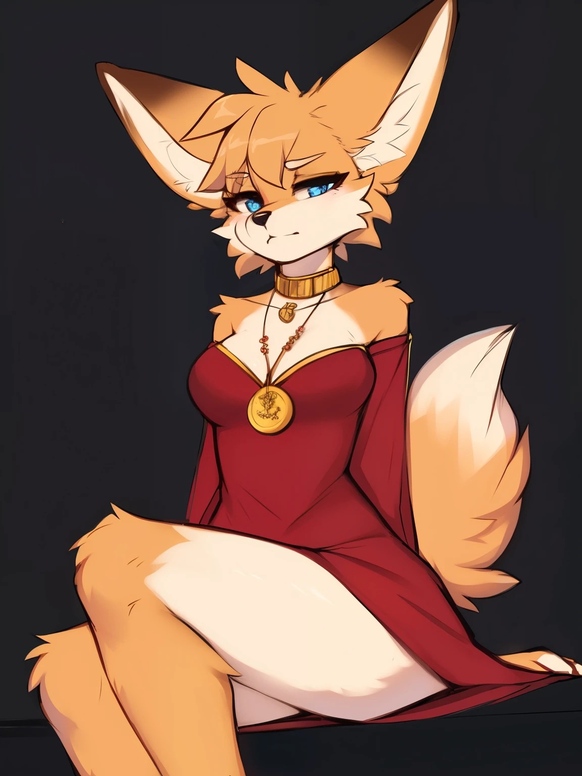 ((masterpiece, best quality)) by zackary911,zackary911, fluff-kevlar, by fluff-kevlar, anthro fennec fox, orange fur, female, solo, one character, fuury character, furry female. blue eyes, big ears, red robe. gold medallion, orange fur. fluffy fur, big tail, serious face, only one tail, dark background, no hair